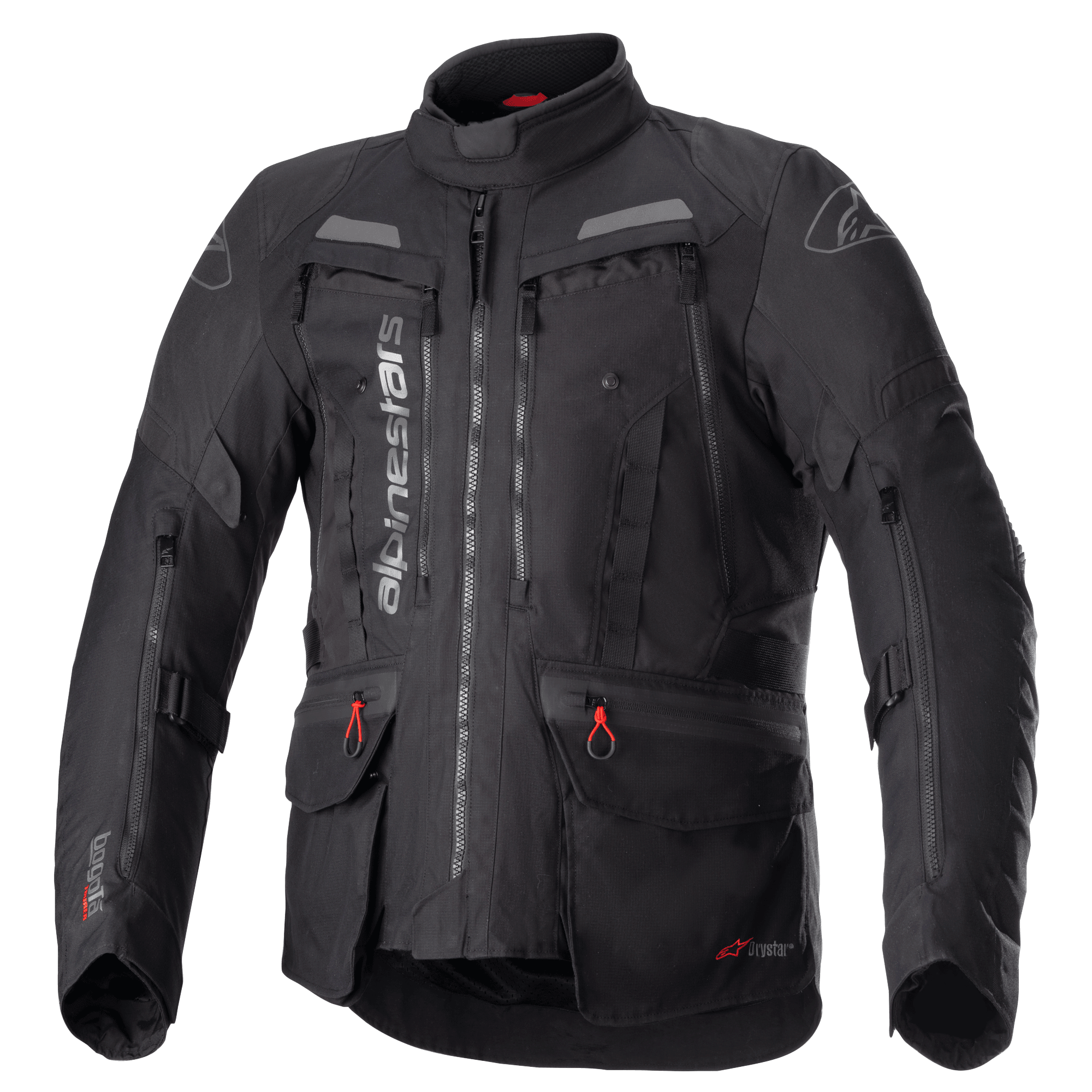 Alpinestars Bogota Pro Drystar motorjas, volledig zwarte motorjas voor touring, grijze en rode accenten, voorzien van grote ventilatiepanelen op de borst, waterdichte zakken met rode treklipjes, hoge beschermende kraag en duurzame textielconstructie voor adventure rijden