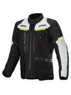 Alpinestars Bogotá Pro Drystar® jas, heren adventure touring motorjas, zwart en ijs grijs met geel fluo accenten.