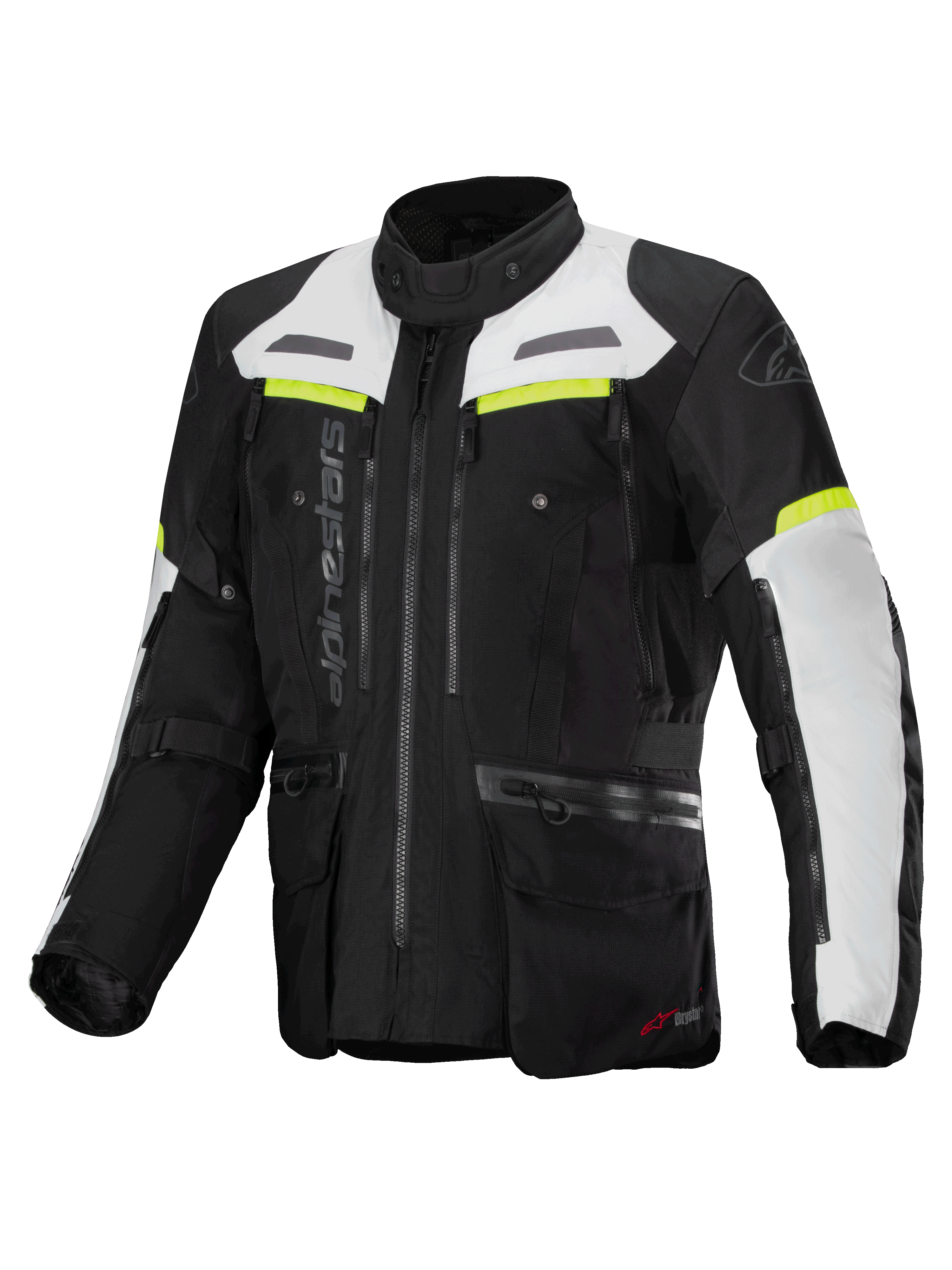 Alpinestars Bogotá Pro Drystar® jas, heren adventure touring motorjas, zwart en ijs grijs met geel fluo accenten.