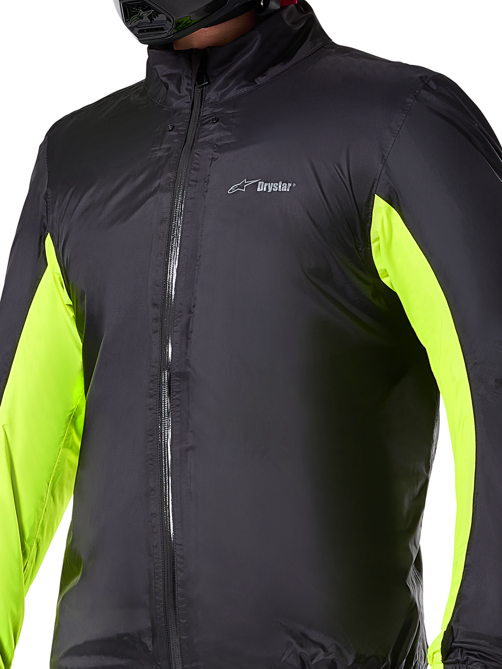Alpinestars Bogotá Pro Drystar® Jas waterdichte voering, technische motorlaag, zwart met neongele panelen op de armen, ritssluiting aan de voorzijde en Drystar-logo op de borst, ontworpen voor bescherming tijdens het rijden in alle weersomstandigheden