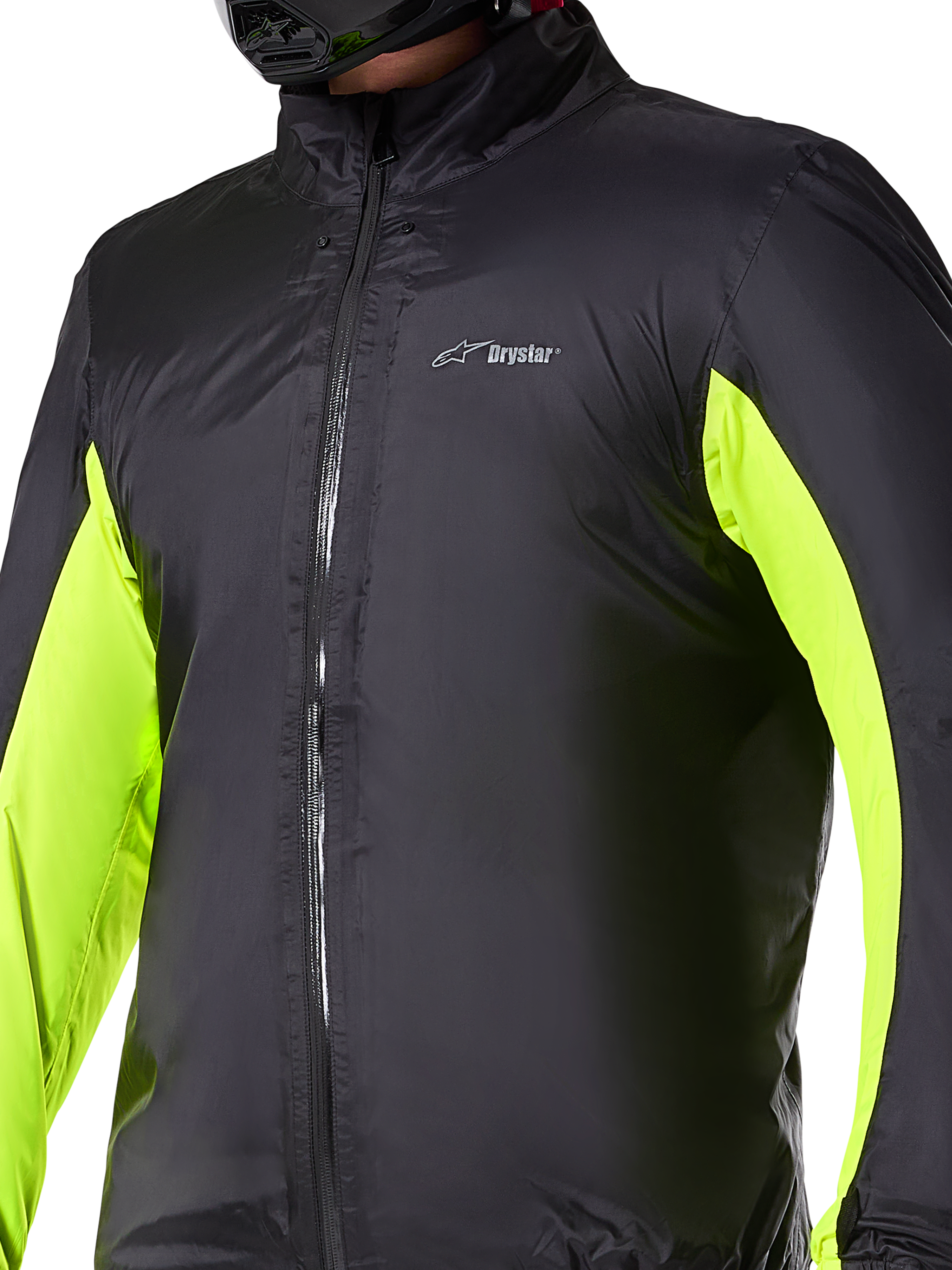 Alpinestars Bogotá Pro Drystar® Jas waterdichte voering, technische motorlaag, zwart met neongele panelen op de armen, ritssluiting aan de voorzijde en Drystar-logo op de borst, ontworpen voor bescherming tijdens het rijden in alle weersomstandigheden