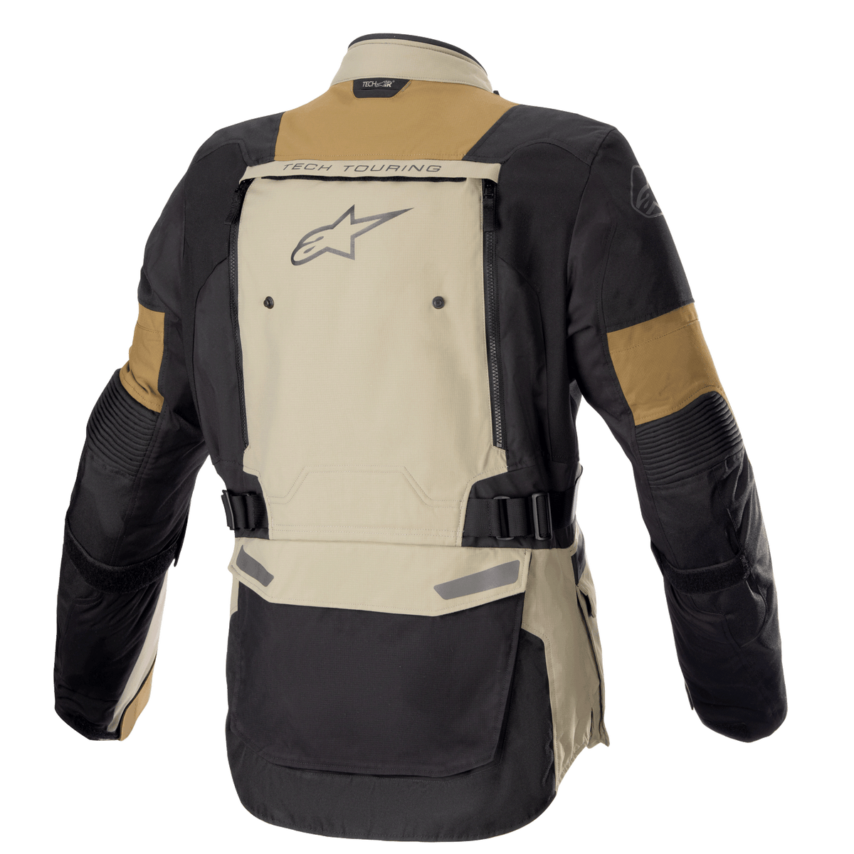 Alpinestars Bogota' Pro Drystar® Jacket, adventure motorjas, Vetiver Military Olive en zwart, achteraanzicht met groot ventilatiepaneel op de rug met "TECH TOURING"-branding en Alpinestars-logo, verstelbare taillebanden en duurzame textielconstructie voor toerritten in alle seizoenen.