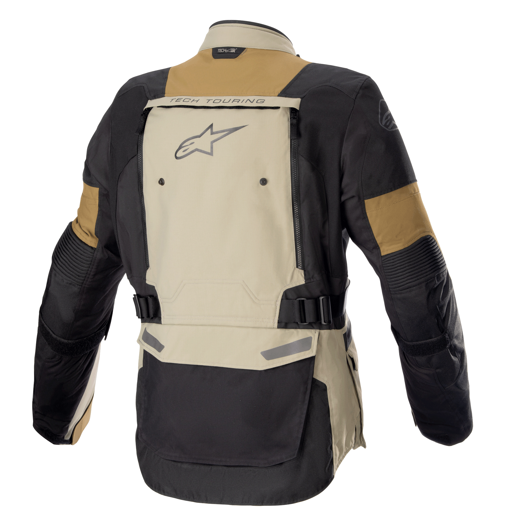 Alpinestars Bogota' Pro Drystar® Jacket, adventure motorjas, Vetiver Military Olive en zwart, achteraanzicht met groot ventilatiepaneel op de rug met "TECH TOURING"-branding en Alpinestars-logo, verstelbare taillebanden en duurzame textielconstructie voor toerritten in alle seizoenen.