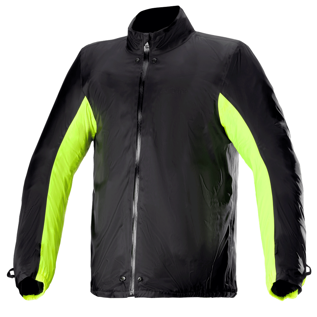 Alpinestars Bogotá Pro Drystar® Jacket Rain Cover, waterdichte motorjas voering, zwart met fluogele zij- en armpanelen, doorlopende ritssluiting voorzijde met drukknopen bij nek en taille, technisch accessoire voor rijden onder alle weersomstandigheden