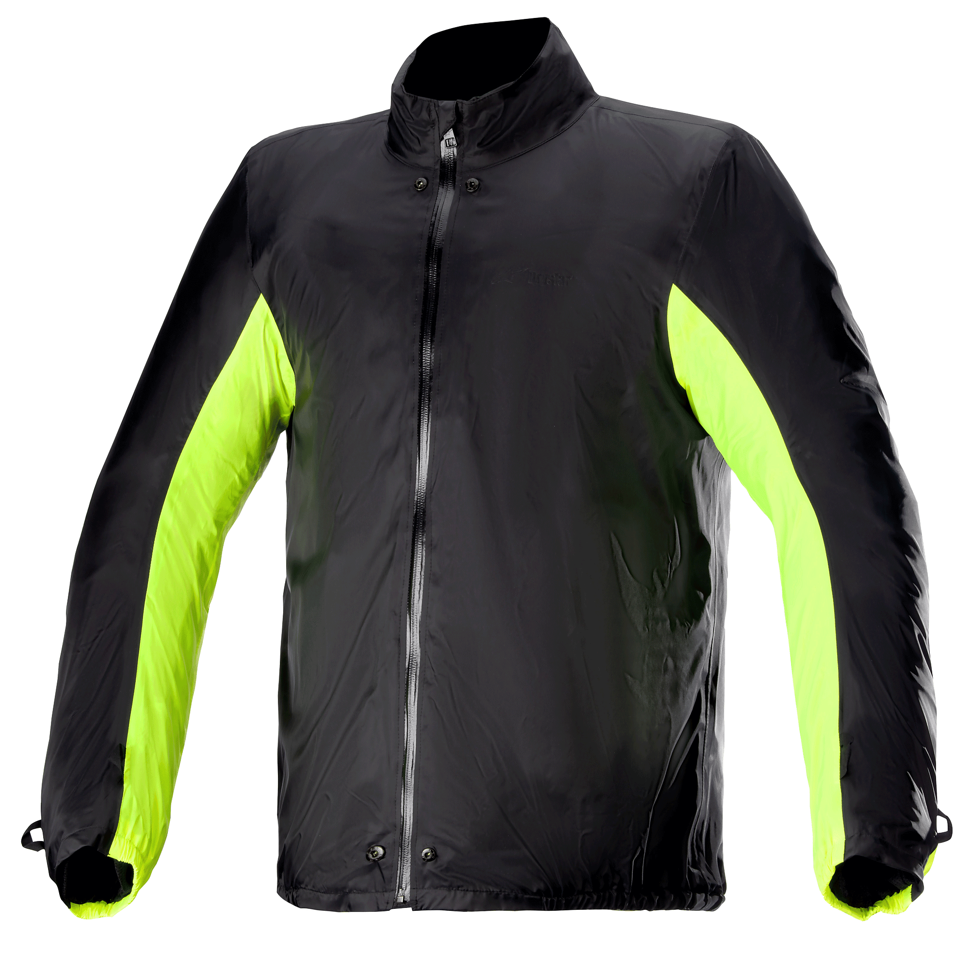 Alpinestars Bogotá Pro Drystar® Jacket Rain Cover, waterdichte motorjas voering, zwart met fluogele zij- en armpanelen, doorlopende ritssluiting voorzijde met drukknopen bij nek en taille, technisch accessoire voor rijden onder alle weersomstandigheden