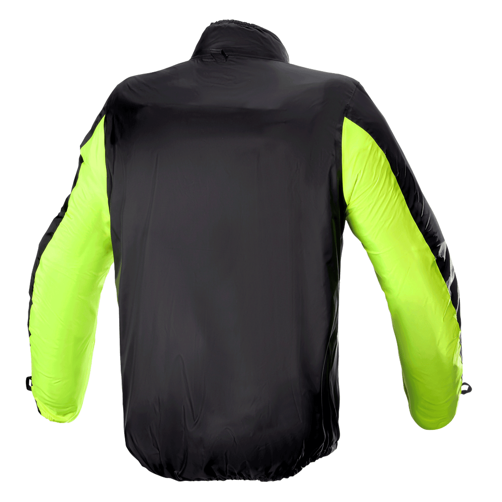 Alpinestars Bogota' Pro Drystar® Jacket regenhoes, achteraanzicht, zwart met fluorescerend gele mouwen, lichtgewicht waterdichte constructie voor hoge zichtbaarheid en bescherming tegen het weer