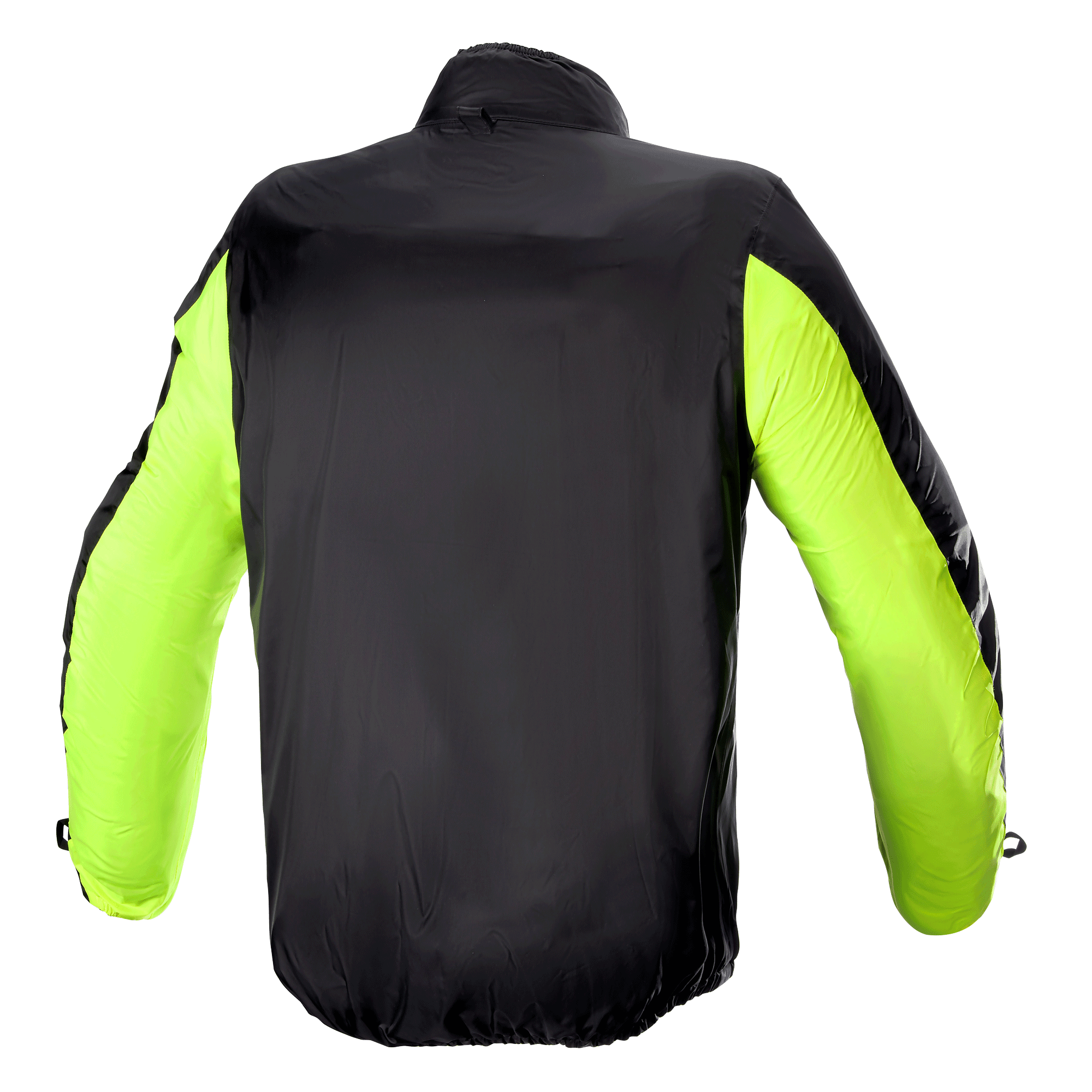 Alpinestars Bogota' Pro Drystar® Jacket regenhoes, achteraanzicht, zwart met fluorescerend gele mouwen, lichtgewicht waterdichte constructie voor hoge zichtbaarheid en bescherming tegen het weer