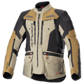 Alpinestars Bogota Pro Drystar motorjas, adventure touring motorjas, beige, zwart en tan, waterdichte textielconstructie, meerdere zakken met rode treklipjes, versterkte beschermingszones en een ontwerp met hoge kraag