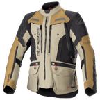 Alpinestars Bogota Pro Drystar motorjas, adventure touring motorjas, beige, zwart en tan, waterdichte textielconstructie, meerdere zakken met rode treklipjes, versterkte beschermingszones en een ontwerp met hoge kraag