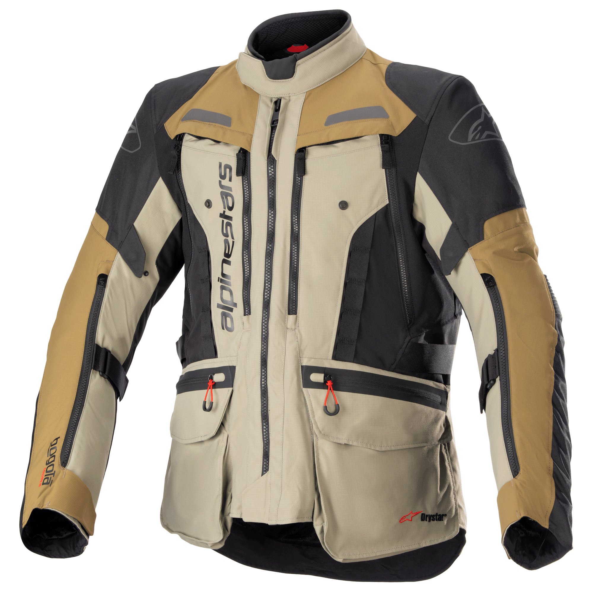 Alpinestars Bogota Pro Drystar motorjas, adventure touring motorjas, beige, zwart en tan, waterdichte textielconstructie, meerdere zakken met rode treklipjes, versterkte beschermingszones en een ontwerp met hoge kraag