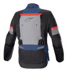 Alpinestars Bogotá Pro Drystar® Jacket, adventure touring motorjas, donkerblauw, zwart en helderrood, achteraanzicht met een groot grijs ventilatiepaneel met Alpinestars-logo, rode 'Tech Touring'-accenten en verstelbare taillebanden