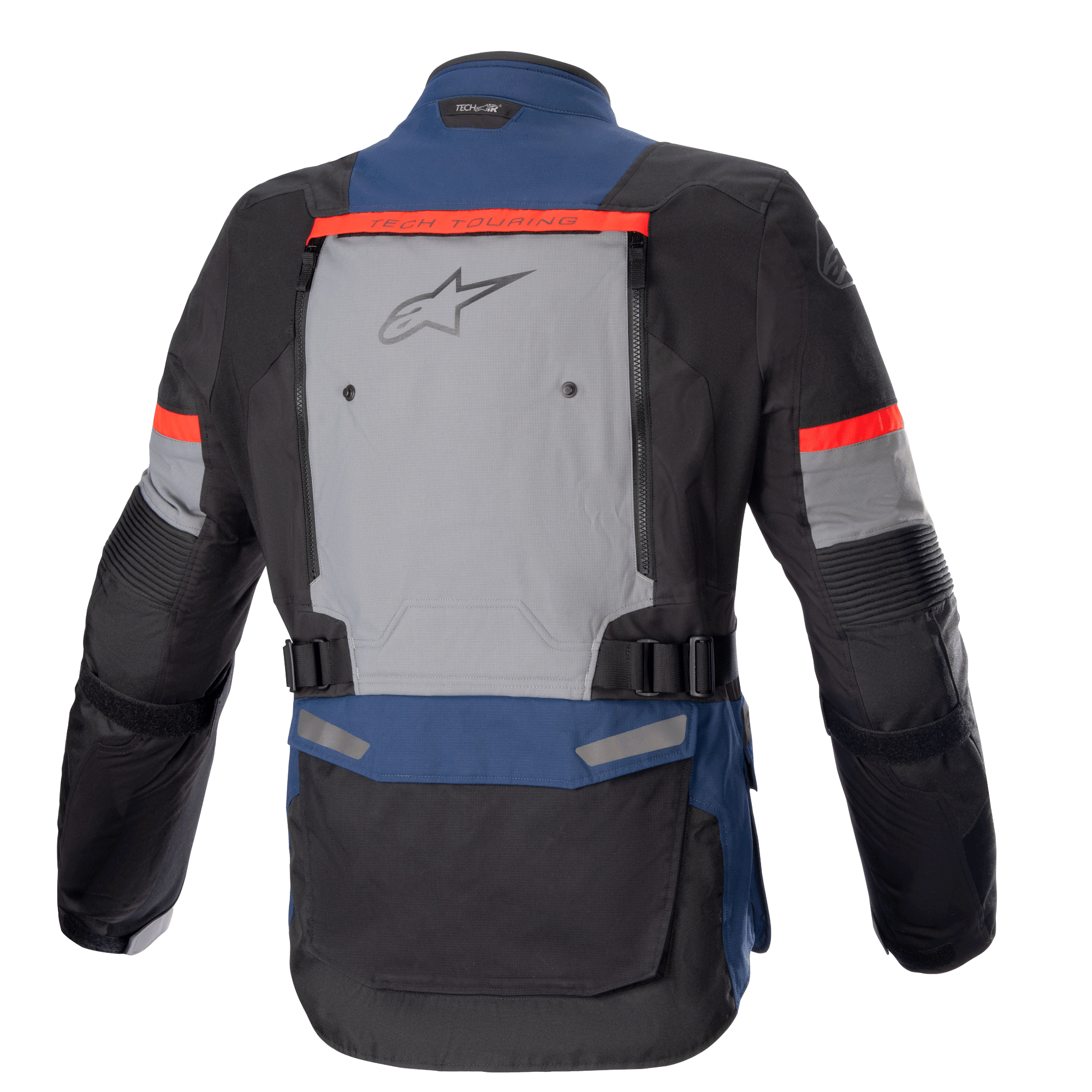 Alpinestars Bogotá Pro Drystar® Jacket, adventure touring motorjas, donkerblauw, zwart en helderrood, achteraanzicht met een groot grijs ventilatiepaneel met Alpinestars-logo, rode 'Tech Touring'-accenten en verstelbare taillebanden