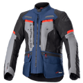 Alpinestars Bogota Pro Drystar motorjas, adventure touring motorjas, donkerblauw en zwart met grijze borstpanelen en felrode accenten, waterdichte textielconstructie, meerdere ventilatieritsen en handige opbergzakken