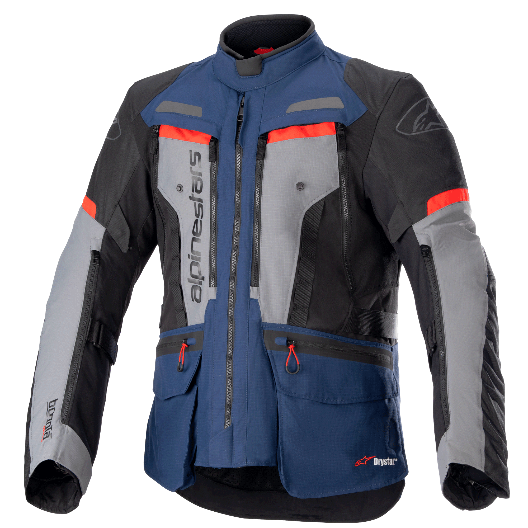 Alpinestars Bogota Pro Drystar motorjas, adventure touring motorjas, donkerblauw en zwart met grijze borstpanelen en felrode accenten, waterdichte textielconstructie, meerdere ventilatieritsen en handige opbergzakken