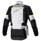 Alpinestars Bogota' Pro Drystar® Jacket, achteraanzicht, Ice Gray, Dark Gray en Yellow Fluo, met een groot ventilatiepaneel op de rug, fluorgele reflecterende accenten en verstelbare taillebanden, adventure touring motoruitrusting