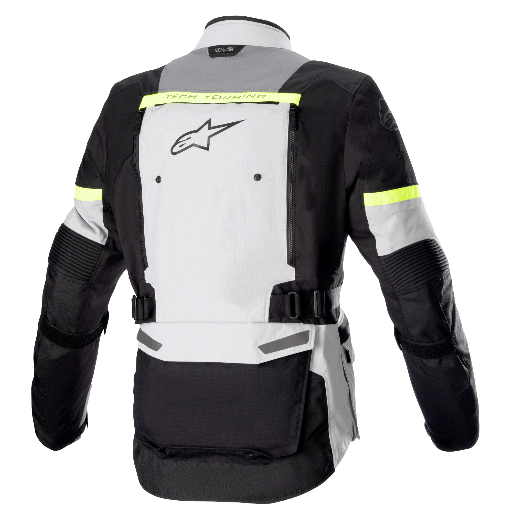 Alpinestars Bogota' Pro Drystar® Jacket, achteraanzicht, Ice Gray, Dark Gray en Yellow Fluo, met een groot ventilatiepaneel op de rug, fluorgele reflecterende accenten en verstelbare taillebanden, adventure touring motoruitrusting
