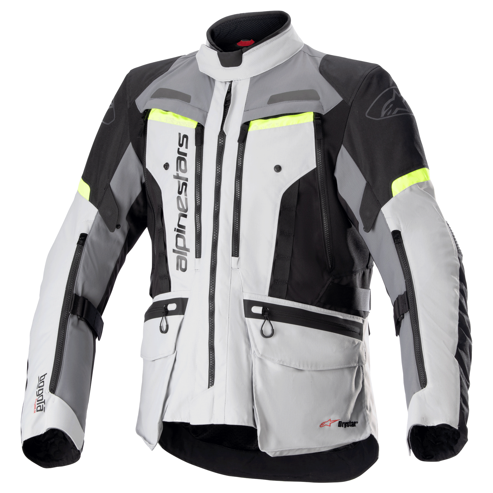Alpinestars Bogota Pro Drystar motorjas, adventure touring motorjas, ijsgrijs en donkergrijs met zwarte panelen en fluor gele accenten, voorzien van meerdere cargozakken en ventilatieritsen, duurzaam waterdicht textielontwerp voor alle weersomstandigheden