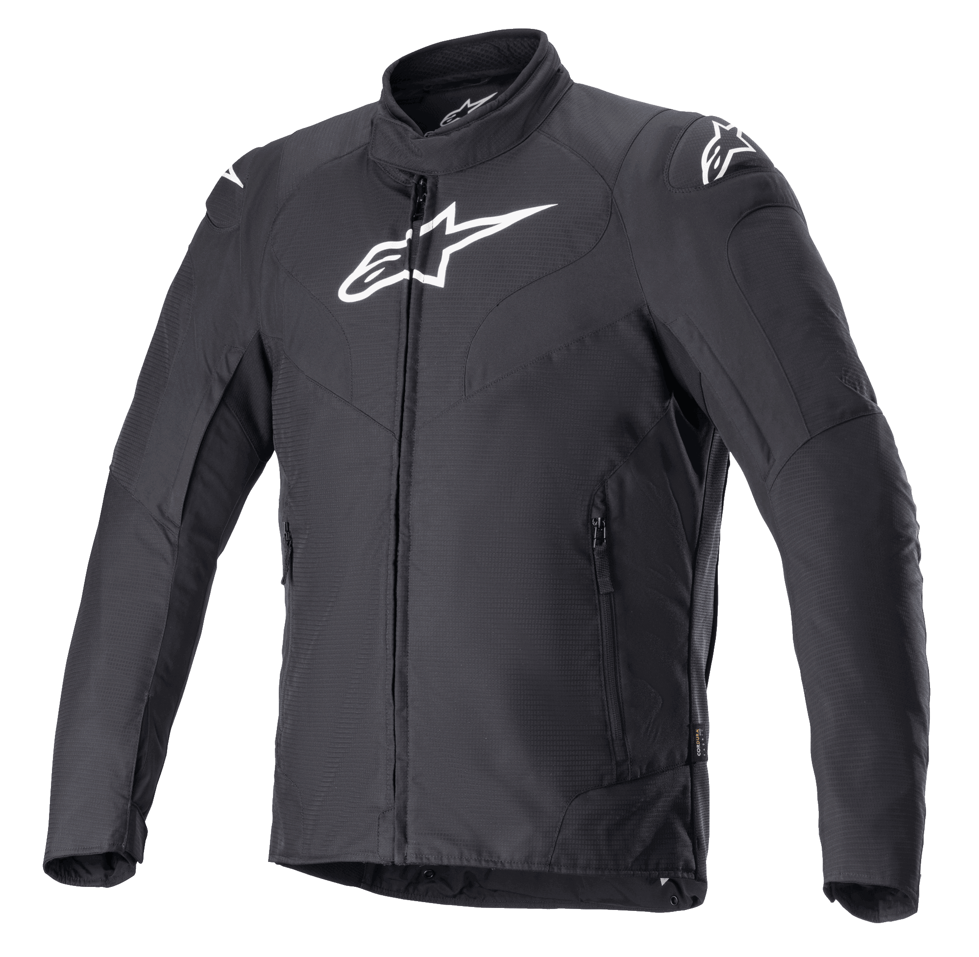 Alpinestars RX-3 waterdichte jas, zwarte motorjas, technische ripstop CORDURA-constructie, hoge kraag met volledige ritssluiting, zijzakken met rits, witte Alpinestars-logo's op de borst en schouders, gestroomlijnde pasvorm voor prestaties op de weg