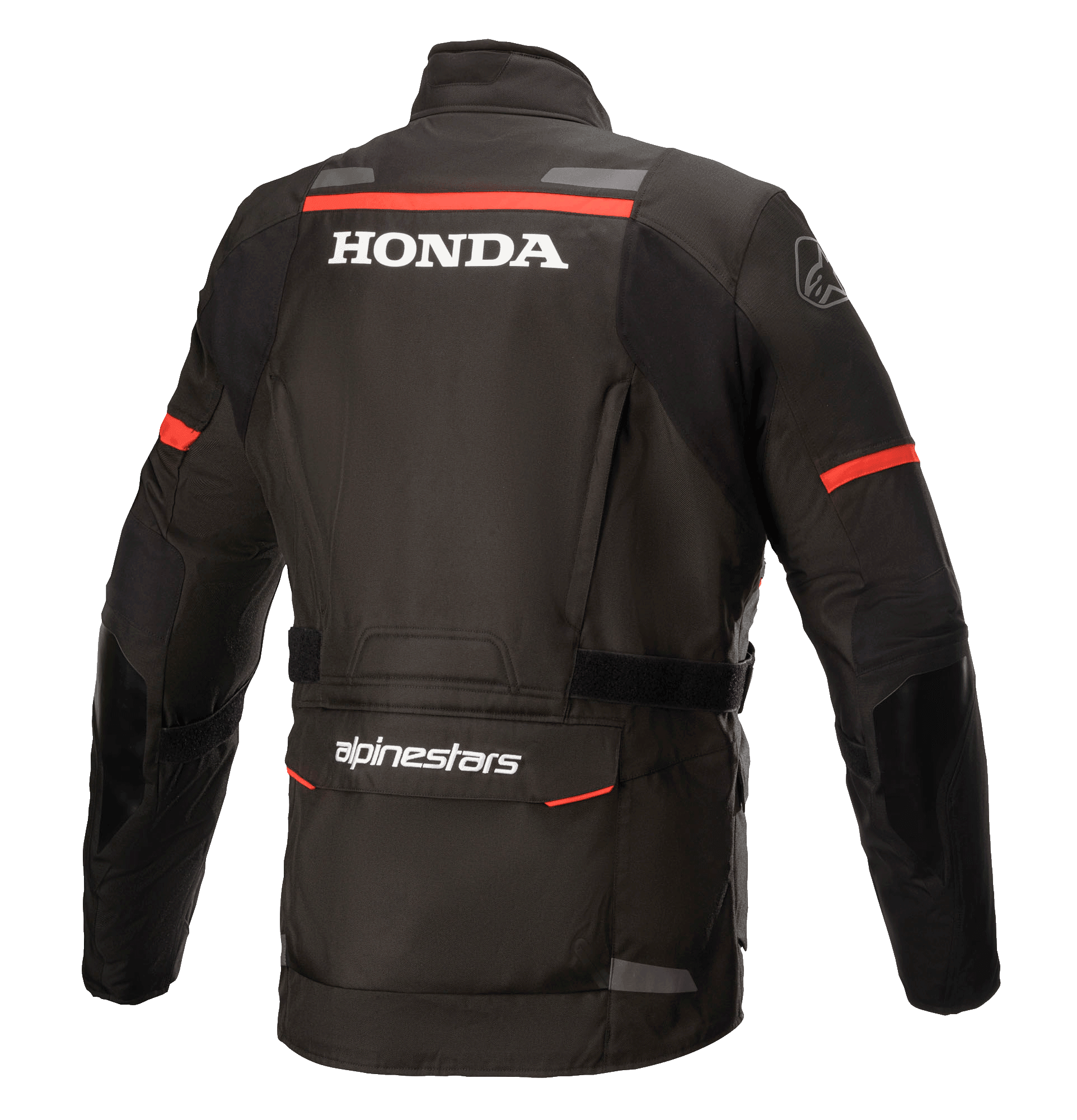 Alpinestars Honda Andes V3 Drystar® Jacket, Black, rear view featuring white Honda and Alpinestars branding, red accent stripes on the shoulders and sleeves, adventure touring motorcycle jacket with reflective details and a large rear utility pocket.