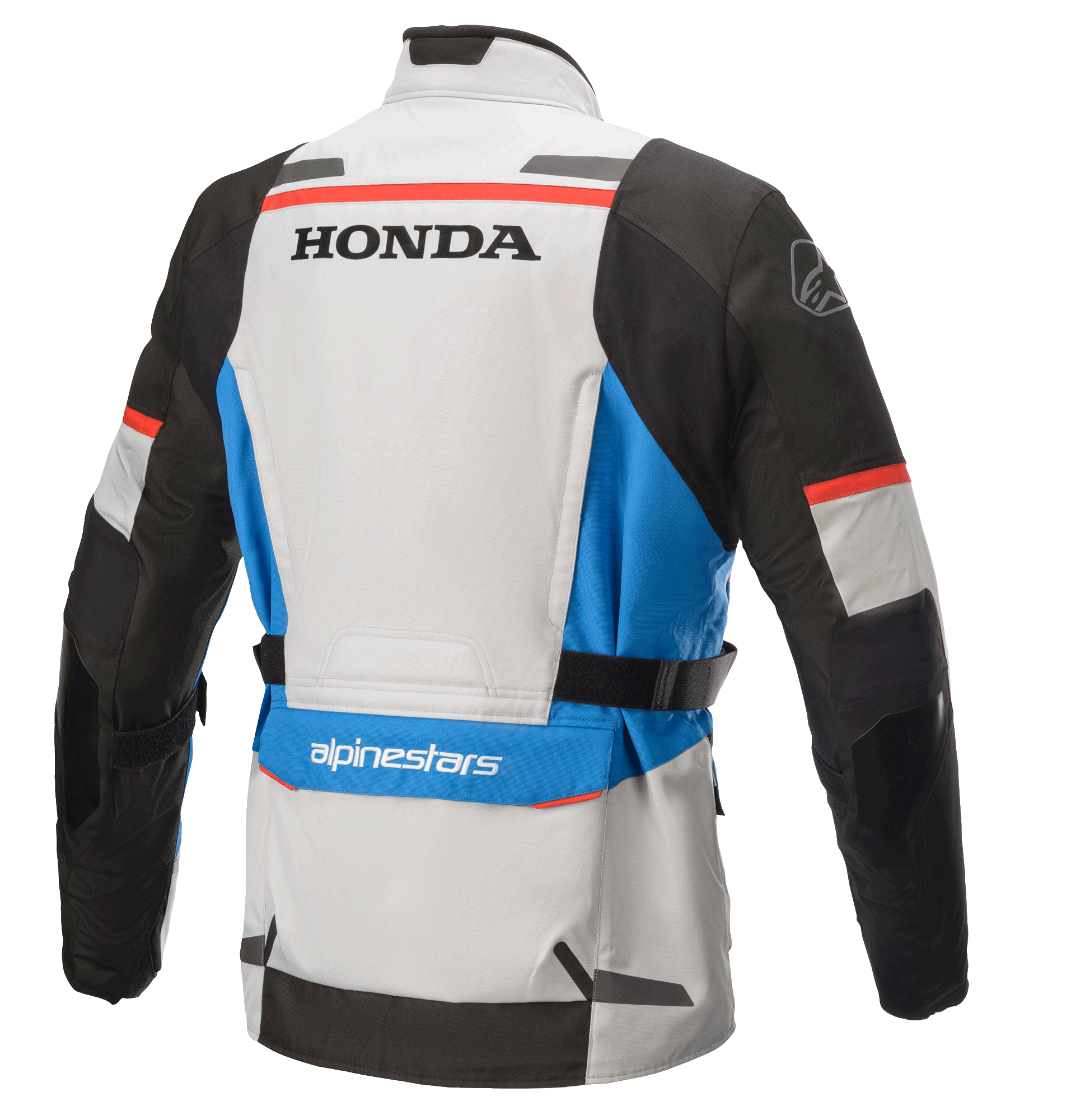 Alpinestars Honda Andes V3 Drystar® jas, textiele adventure touringjas, Ice Gray Blue Bright Red, achteraanzicht met Honda en Alpinestars logo's, met zwarte mouwen, blauwe accenten en verstelbare tailleriemen