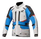 Alpinestars Honda Andes V3 Drystar® jas, touring motorjas, ijsgrijs, blauw en felrood, waterdicht ontwerp met hoge kraag, meerdere ventilatieopeningen met rits, cargozakken en verstelbare riemen, voorzien van Honda-branding