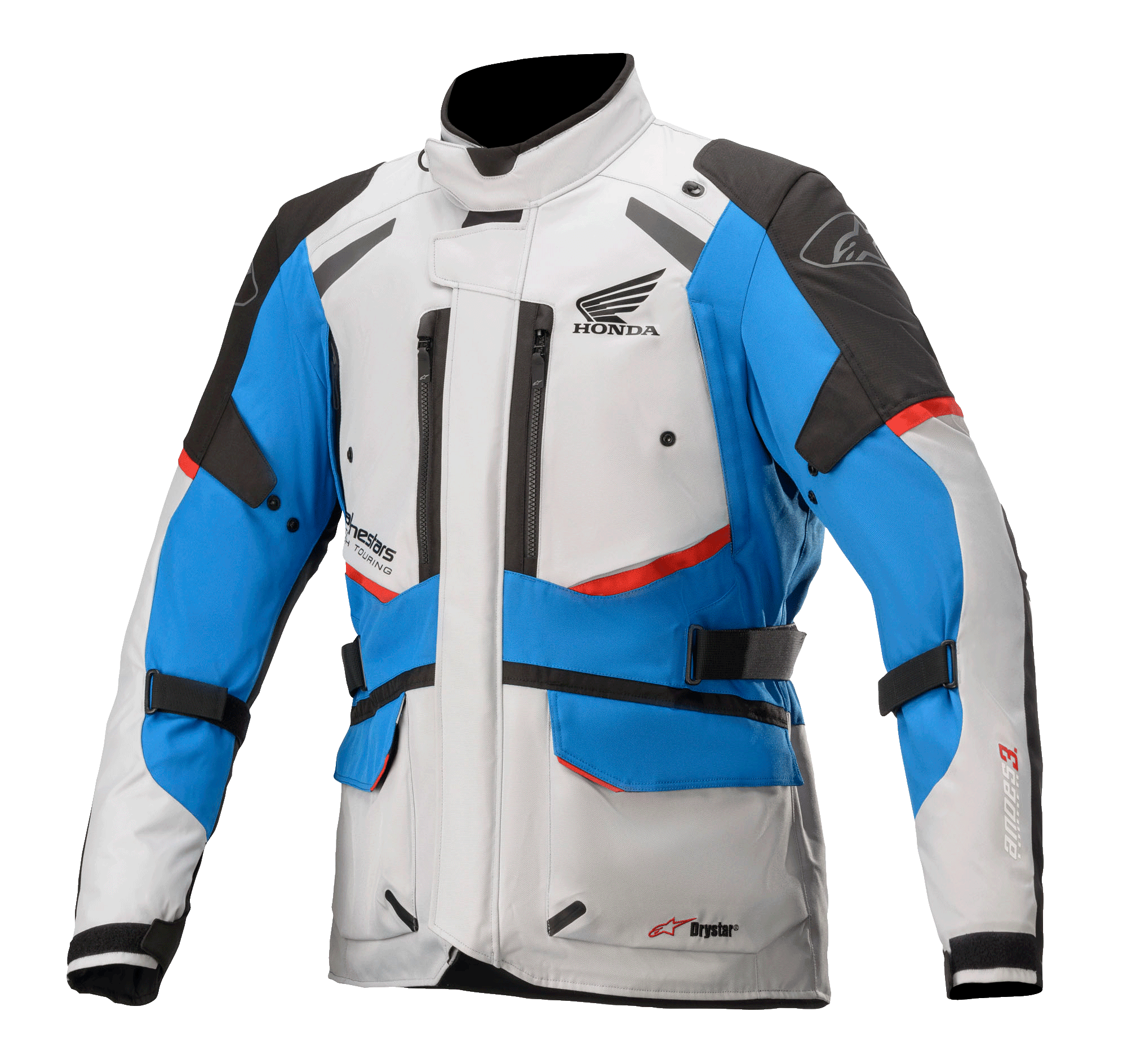 Alpinestars Honda Andes V3 Drystar® jas, touring motorjas, ijsgrijs, blauw en felrood, waterdicht ontwerp met hoge kraag, meerdere ventilatieopeningen met rits, cargozakken en verstelbare riemen, voorzien van Honda-branding