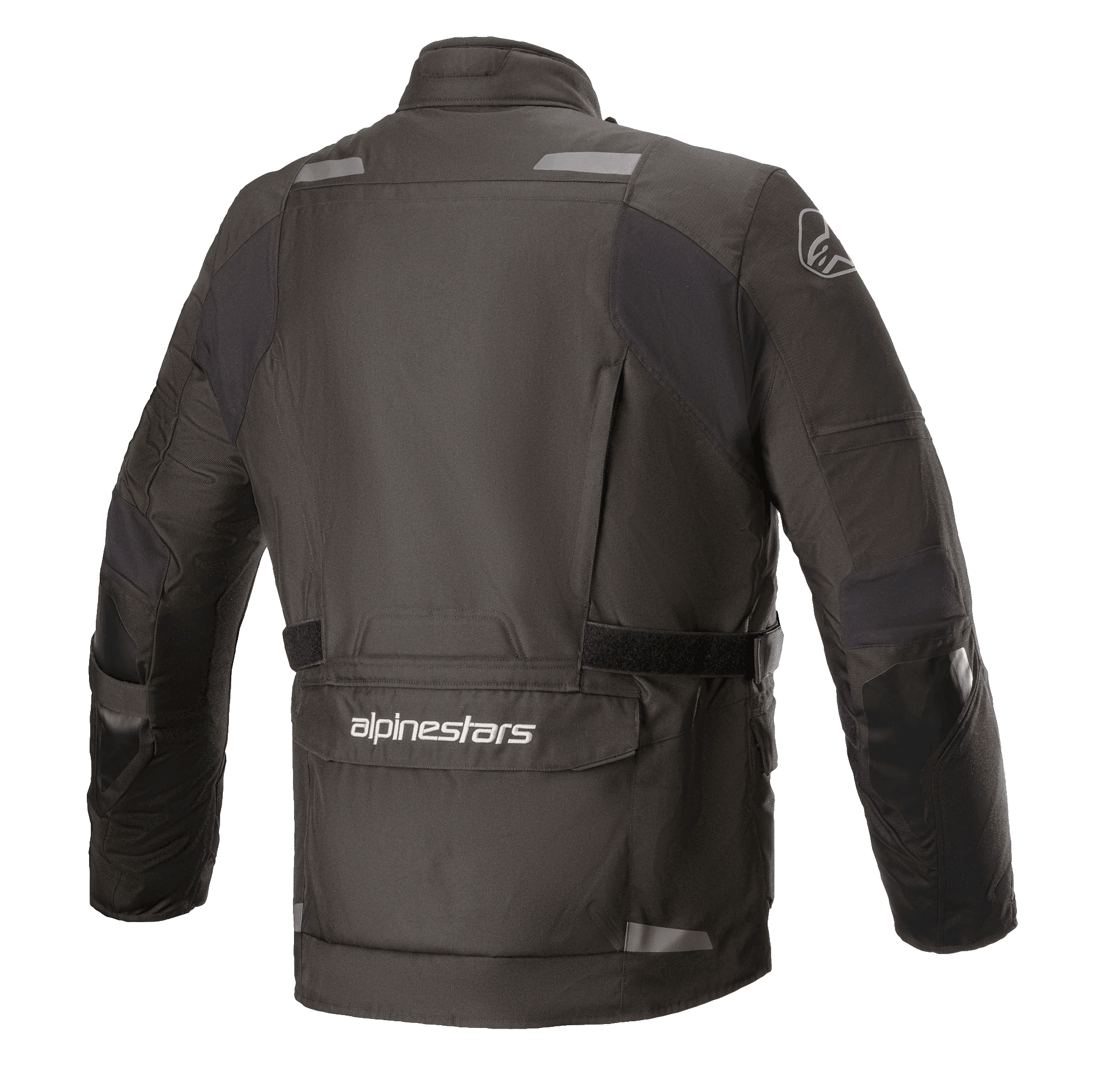 Alpinestars Andes V3 Drystar® jas, motorjas, zwart, achteraanzicht met een grote utiliteitszak onderaan met Alpinestars-logo, reflecterende accenten op de schouders en verstelbare tailleband, duurzaam textielontwerp voor adventure touring