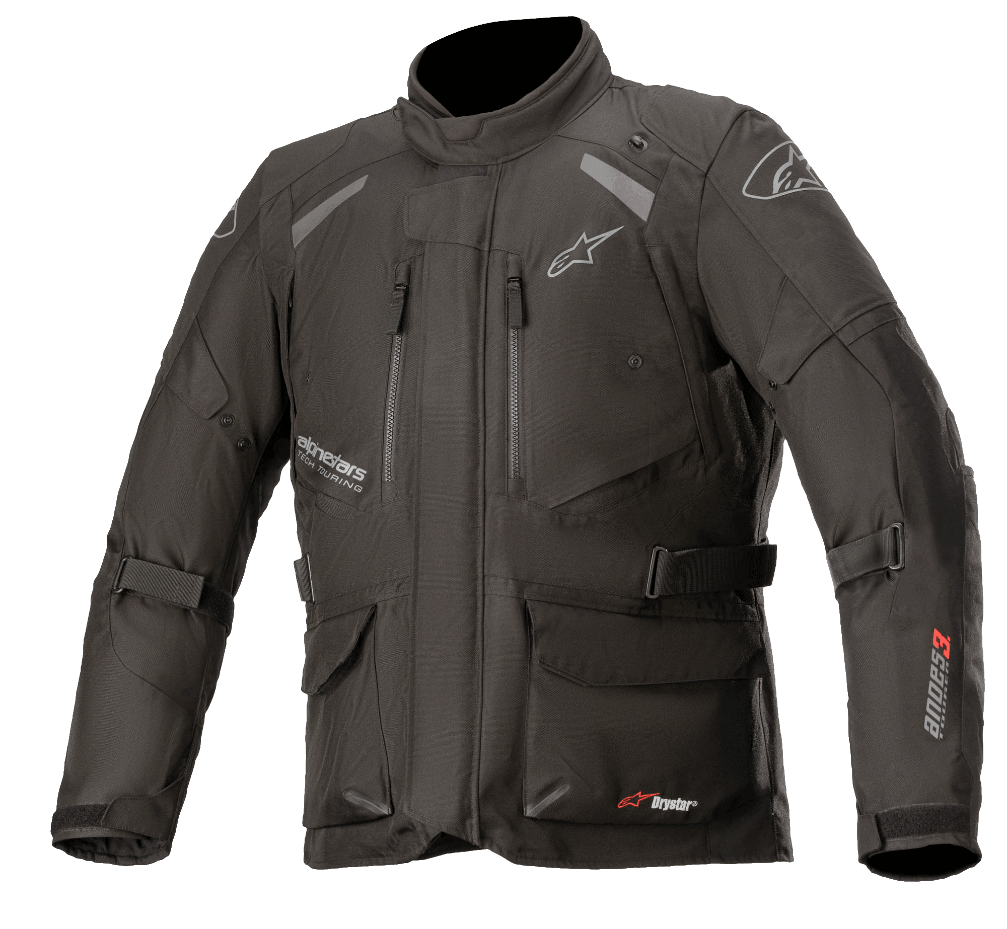Alpinestars Andes V3 Drystar motorjas, adventure touring motorjas, zwart met witte en rode branding, voorzien van meerdere waterdichte cargozakken, verstelbare riemen voor een pasvorm op maat, weerbestendige textielconstructie, reflecterende panelen voor zichtbaarheid