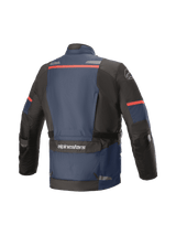 A Dark Blue/Black motorcycle jacket from Alpinestars EU featuring abrasion-resistant padding on the shoulders and elbows. The jacket includes adjustable straps on the sleeves and waist, zipped vents on the chest, multiple pockets, and visible branding. Inspired by the Andes V3 Drystar® Jacket, it also offers 100% waterproofing.