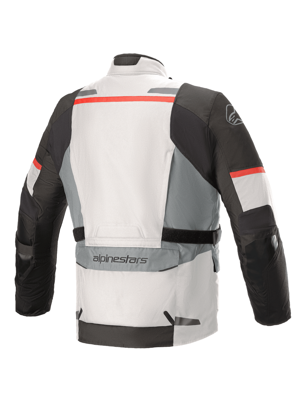 Alpinestars Andes V3 Drystar® Jas, Ice Gray en Dark Gray met rode accenten, achteraanzicht met een grote opbergzak op de onderrug, verstelbare taillebanden en reflecterende details op de schouders en zoom.