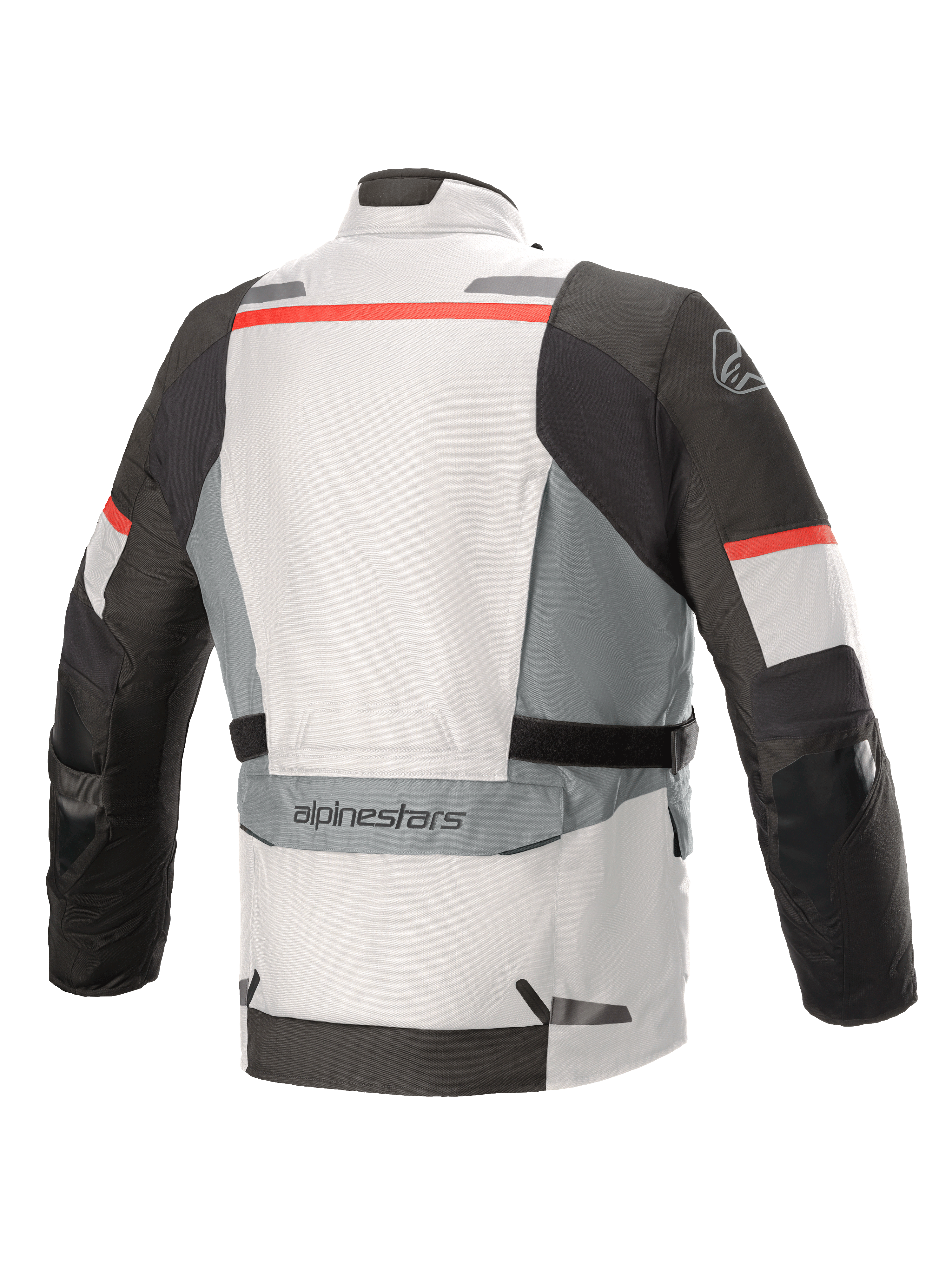 Alpinestars Andes V3 Drystar® Jas, Ice Gray en Dark Gray met rode accenten, achteraanzicht met een grote opbergzak op de onderrug, verstelbare taillebanden en reflecterende details op de schouders en zoom.