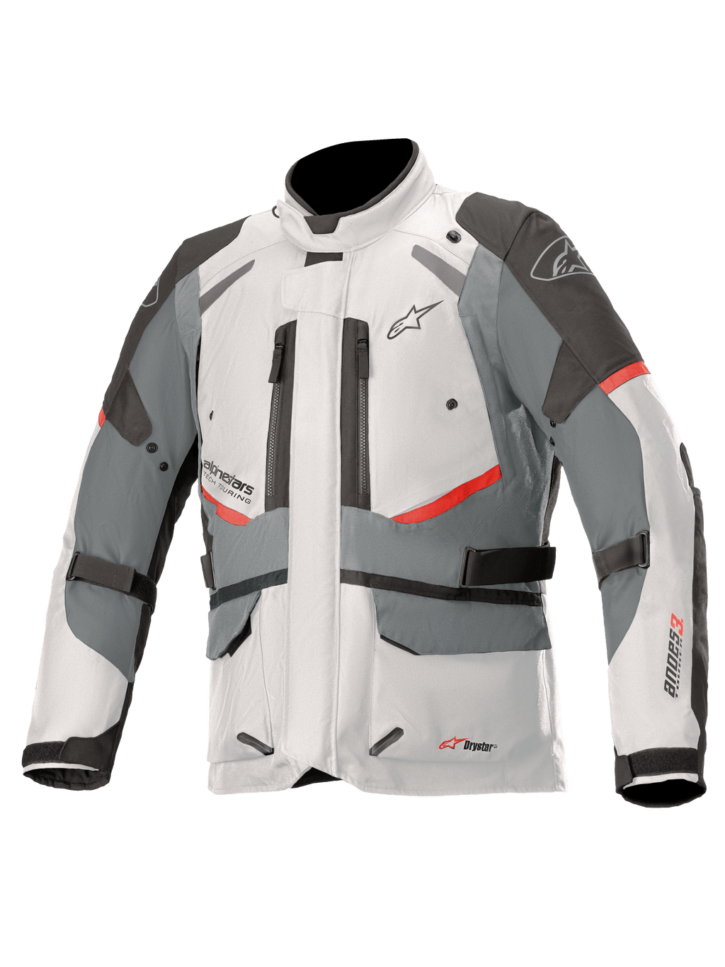 Alpinestars Andes V3 Drystar motorjas, adventure touring motorjas, ijsgrijs en donkergrijs met rode accenten, waterdichte textielconstructie met verstelbanden en ventilatieopeningen met rits, hoog kraagontwerp voor bescherming onder alle weersomstandigheden