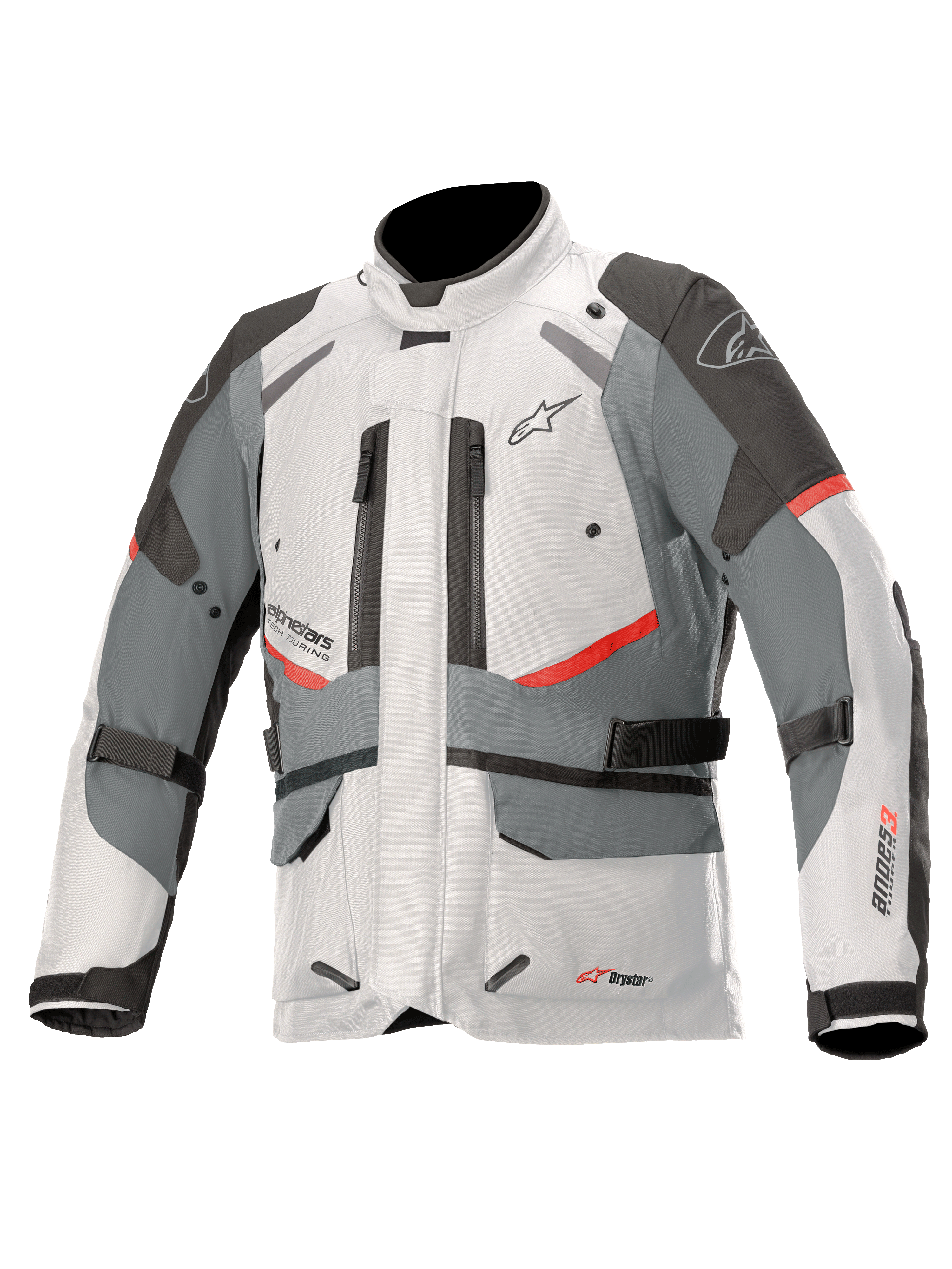 Alpinestars Andes V3 Drystar motorjas, adventure touring motorjas, ijsgrijs en donkergrijs met rode accenten, waterdichte textielconstructie met verstelbanden en ventilatieopeningen met rits, hoog kraagontwerp voor bescherming onder alle weersomstandigheden