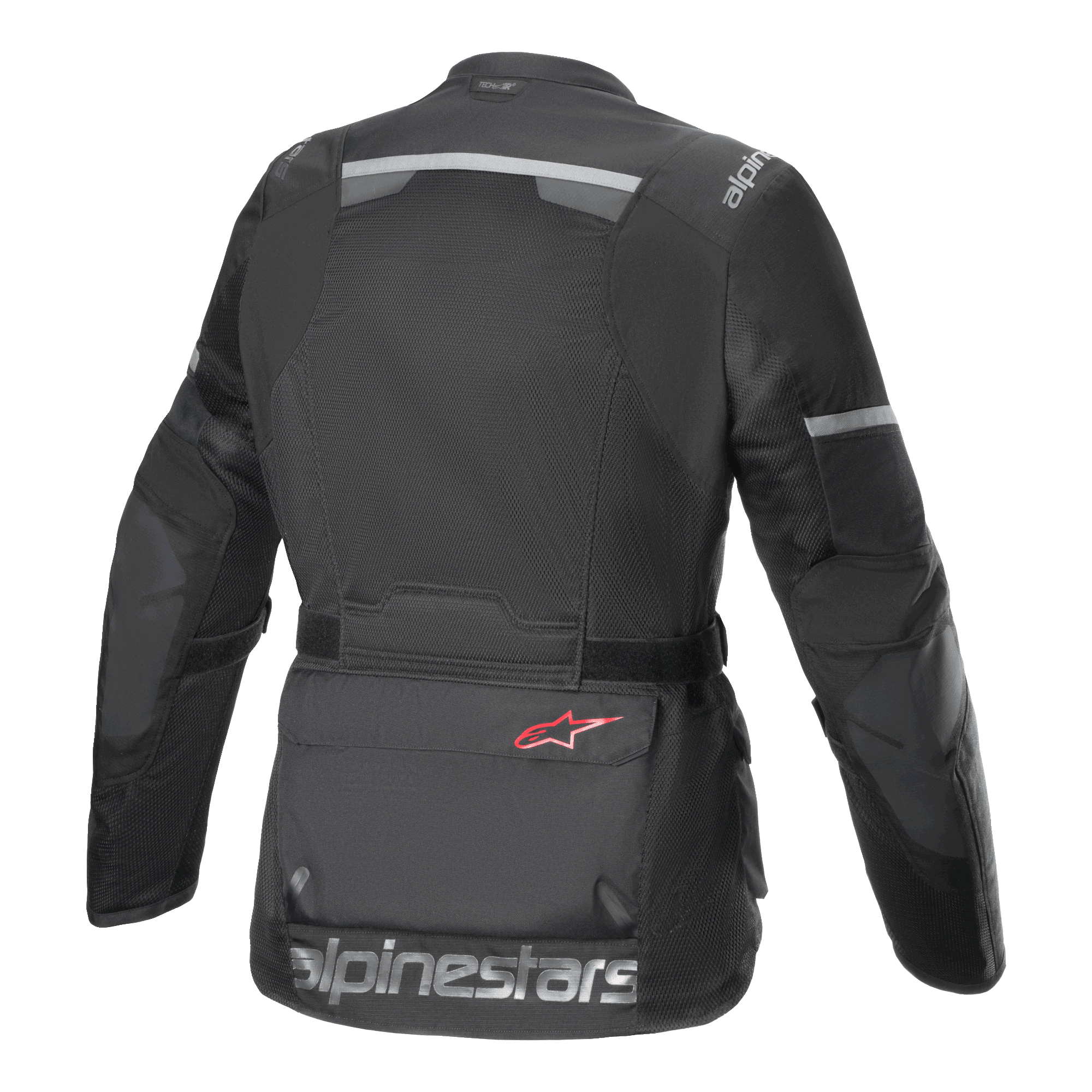 Alpinestars Andes Air Drystar® Jas, motorjas, zwart, achteraanzicht met uitgebreide mesh ventilatiepanelen, reflecterende strips op de bovenrug en mouwen, en groot Alpinestars tekstlogo op de onderste zoom.