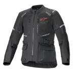 Alpinestars Andes Air Drystar Jas, zwarte adventure touring motorjas, vooraanzicht, met uitgebreide mesh-ventilatiepanelen, een rood Alpinestars-logo op de borst, reflecterende accenten en cargozakken aan de voorzijde.