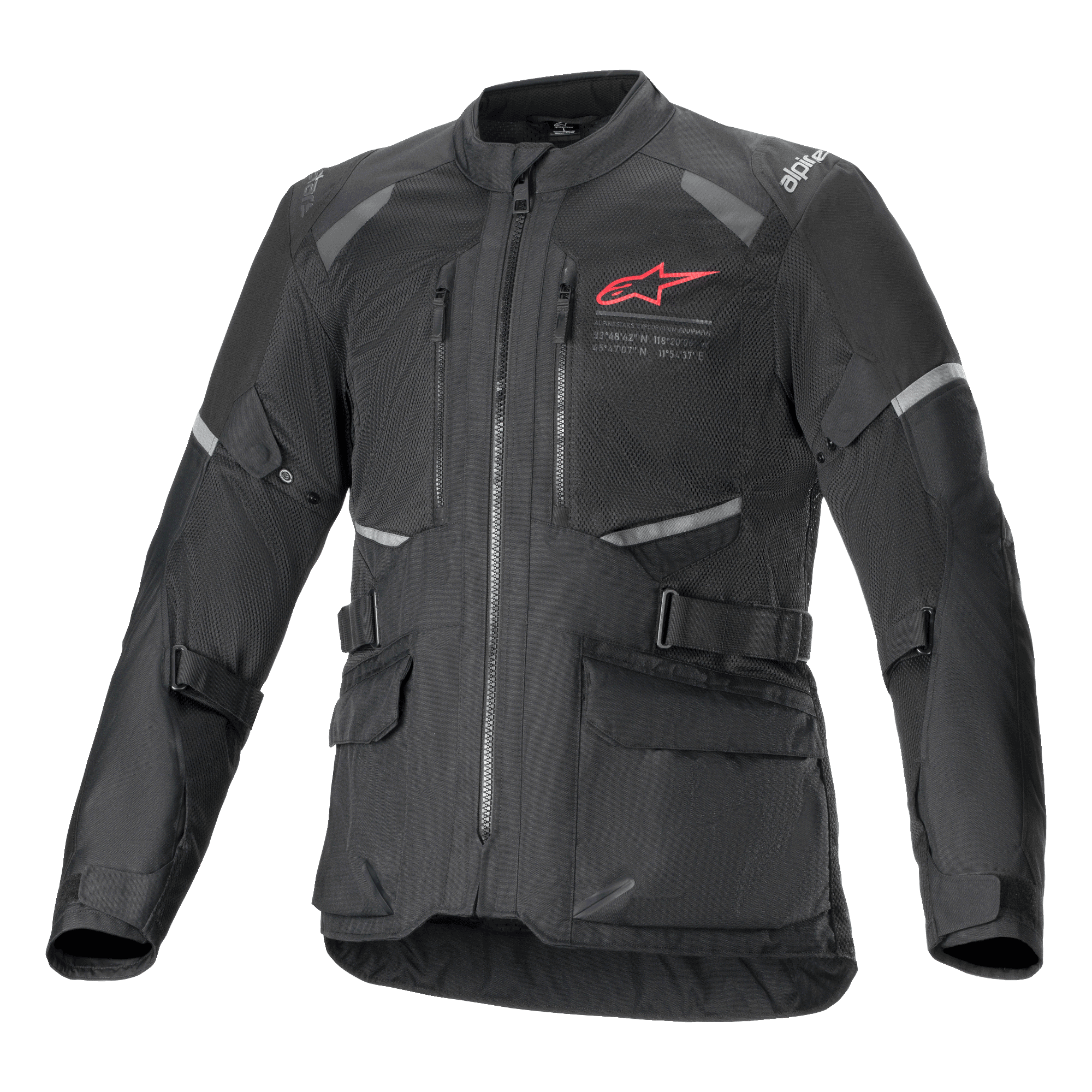 Alpinestars Andes Air Drystar Jas, zwarte adventure touring motorjas, vooraanzicht, met uitgebreide mesh-ventilatiepanelen, een rood Alpinestars-logo op de borst, reflecterende accenten en cargozakken aan de voorzijde.