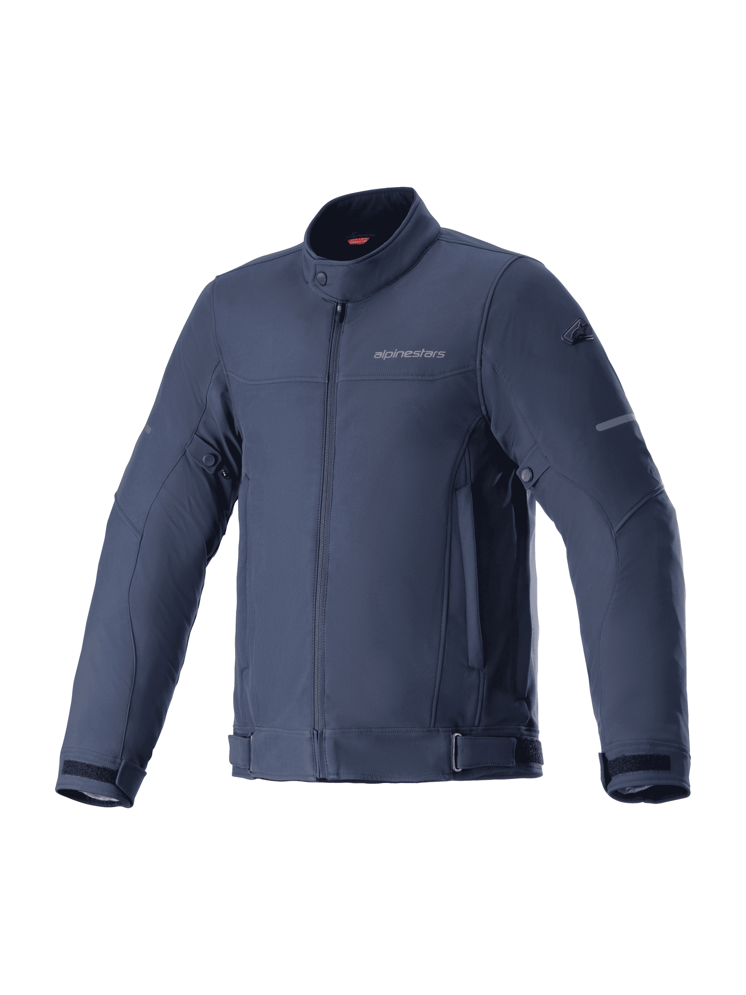 Alpinestars Husker Waterproof Jacket, motorjas, Night Navy, donkerblauwe stretch softshell met hoge kraag en ritssluiting aan de voorzijde, verstelbare taille- en mouwbanden, subtiel logo op de borst, uitrusting voor stadsritten en woon-werkverkeer
