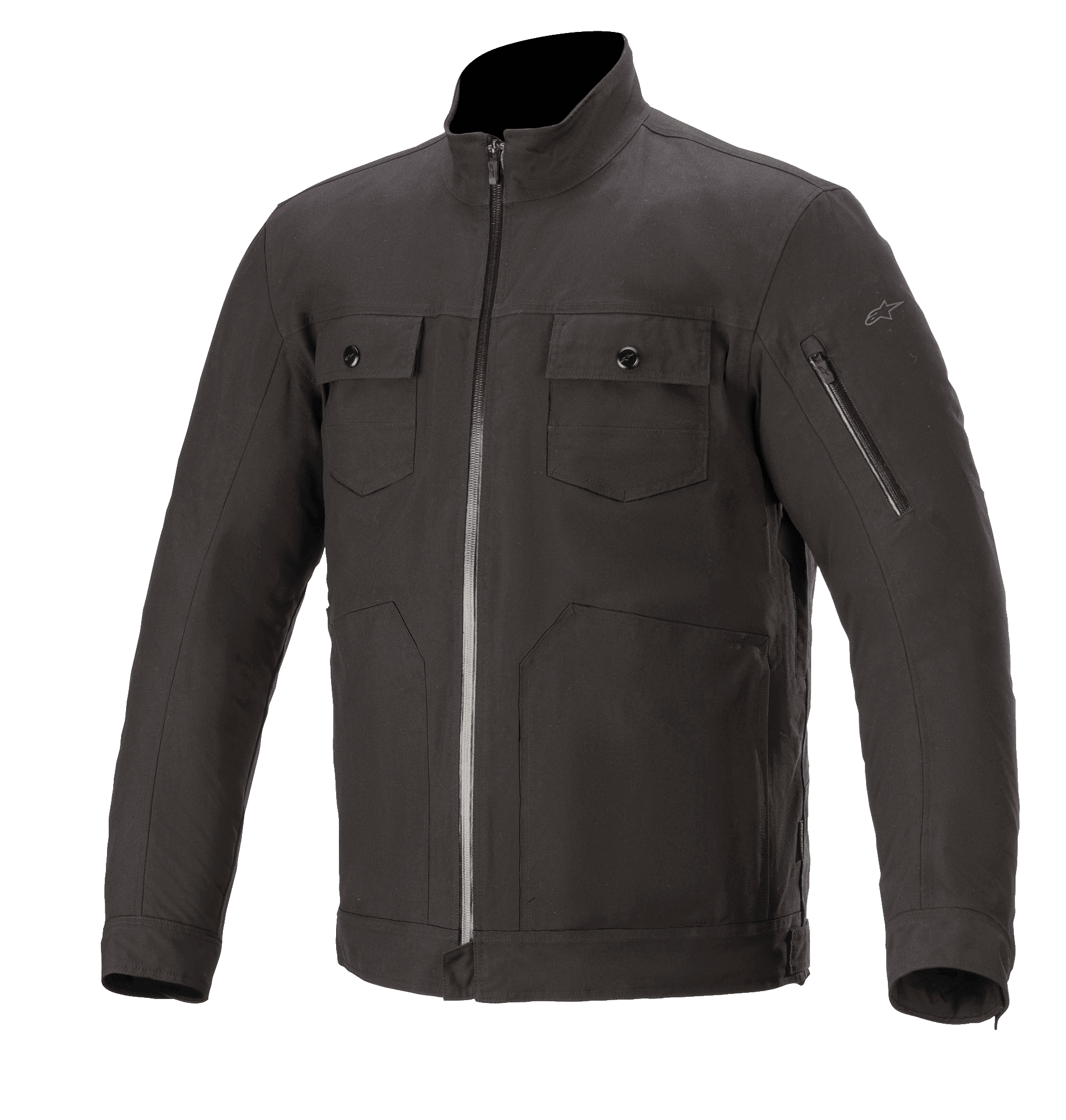 Alpinestars Solano Waterproof Jacket, stedelijke motorjas, zwart, hoge rechte kraag met centrale waterdichte ritssluiting, twee borstzakken met knopen, ritszak op de mouw, casual textielconstructie met een gladde afwerking