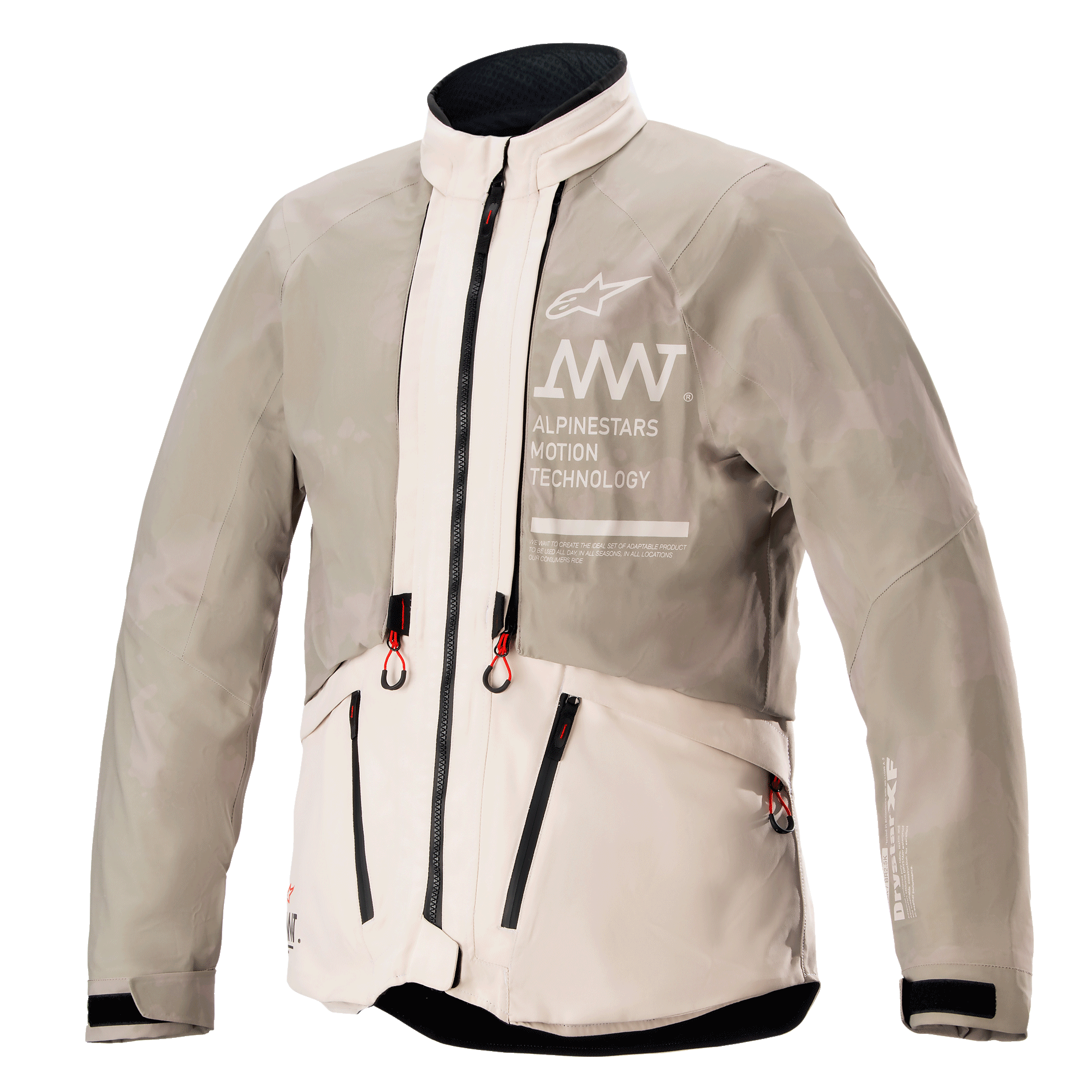 Alpinestars AMT-10LAB Drystar® XF Jas, regenconfiguratie, White Sand Aluminum Camo, waterdichte textiele adventure jas met AMT-branding op de borst en roodgekleurde ritstrekkers.