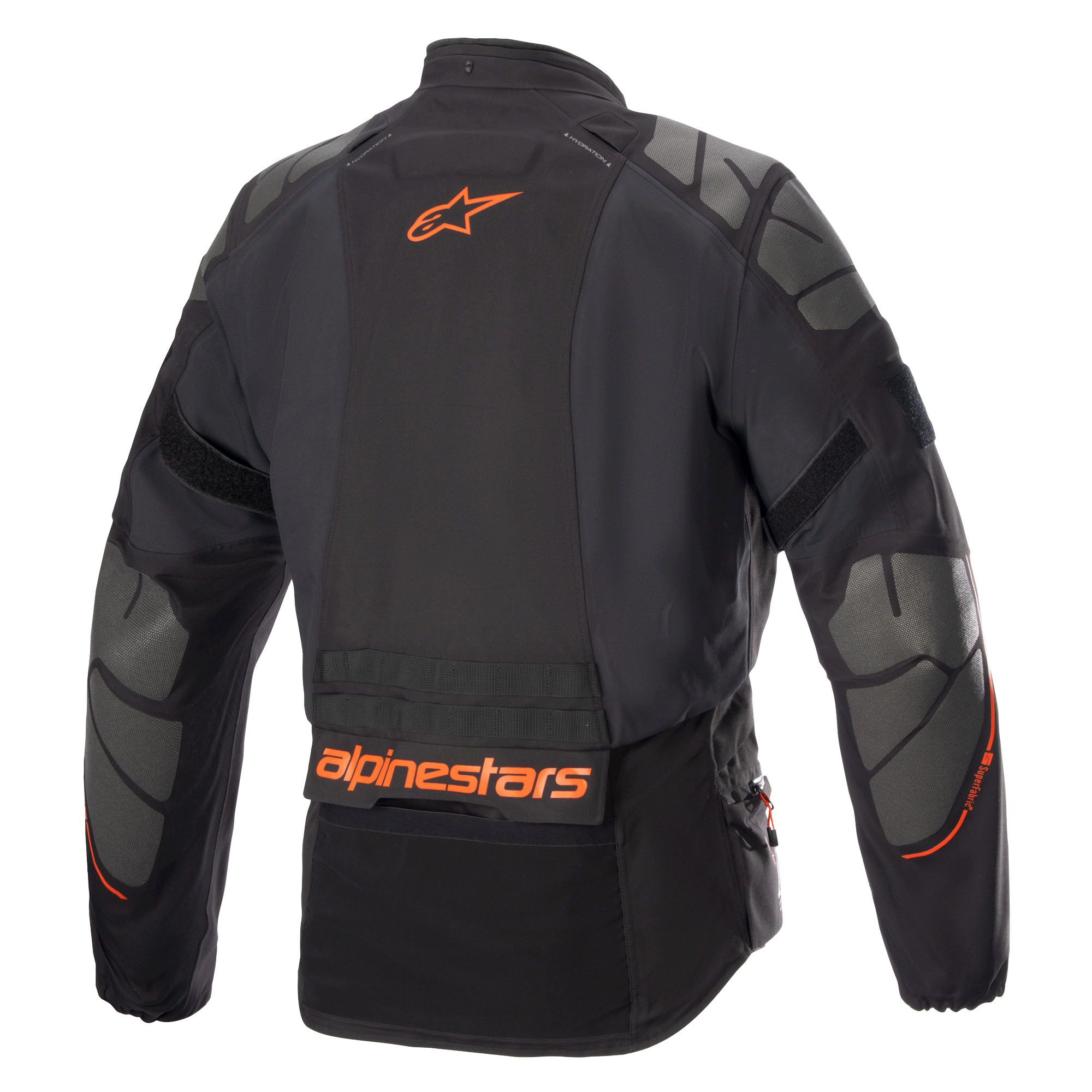 Alpinestars AMT-10R Drystar® XF Jas, adventure motorjas, zwart met oranje Alpinestars-logo en grijze Superfabric-panelen op schouders en ellebogen, achteraanzicht, technische meerseizoenen motoruitrusting
