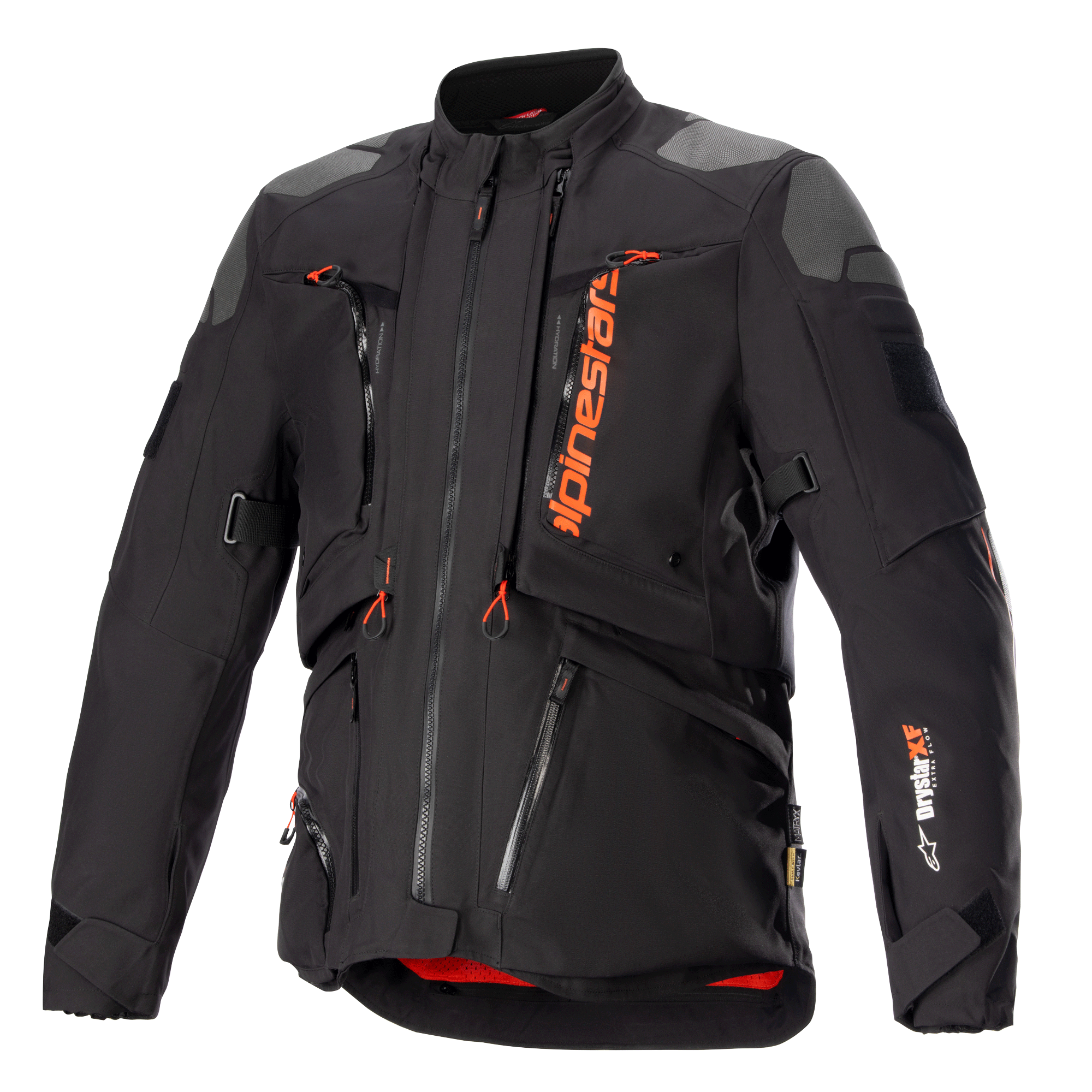 Alpinestars AMT-10R Drystar XF motorjas, zwart en oranje, adventure touring motorjas, grijze schouderpatches, meerdere ritsen met oranje trekkers, verstelbare banden, rode binnenvoering, technische beschermende kleding