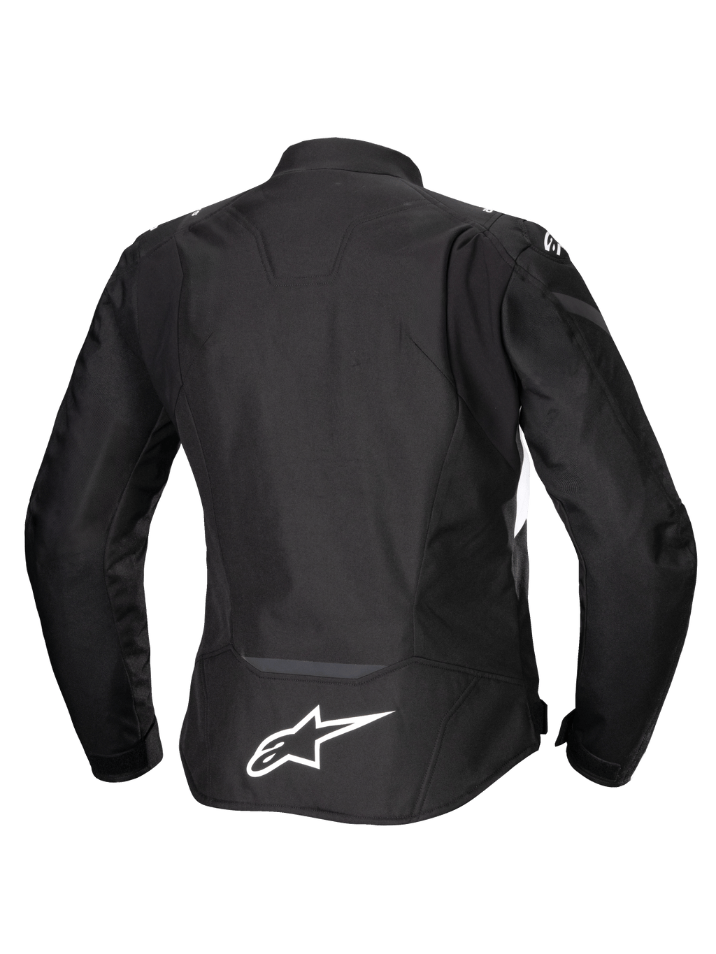 Alpinestars Stella T-Jaws V4 Waterproof Jas, dames motorjas, zwart met witte accenten, achteraanzicht met wit Alpinestars-logo op de onderrug, strak sportief textielontwerp