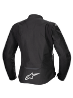 Alpinestars Stella T-Jaws V4 Waterproof Jas, dames motorjas, zwart met witte accenten, achteraanzicht met wit Alpinestars-logo op de onderrug, strak sportief textielontwerp