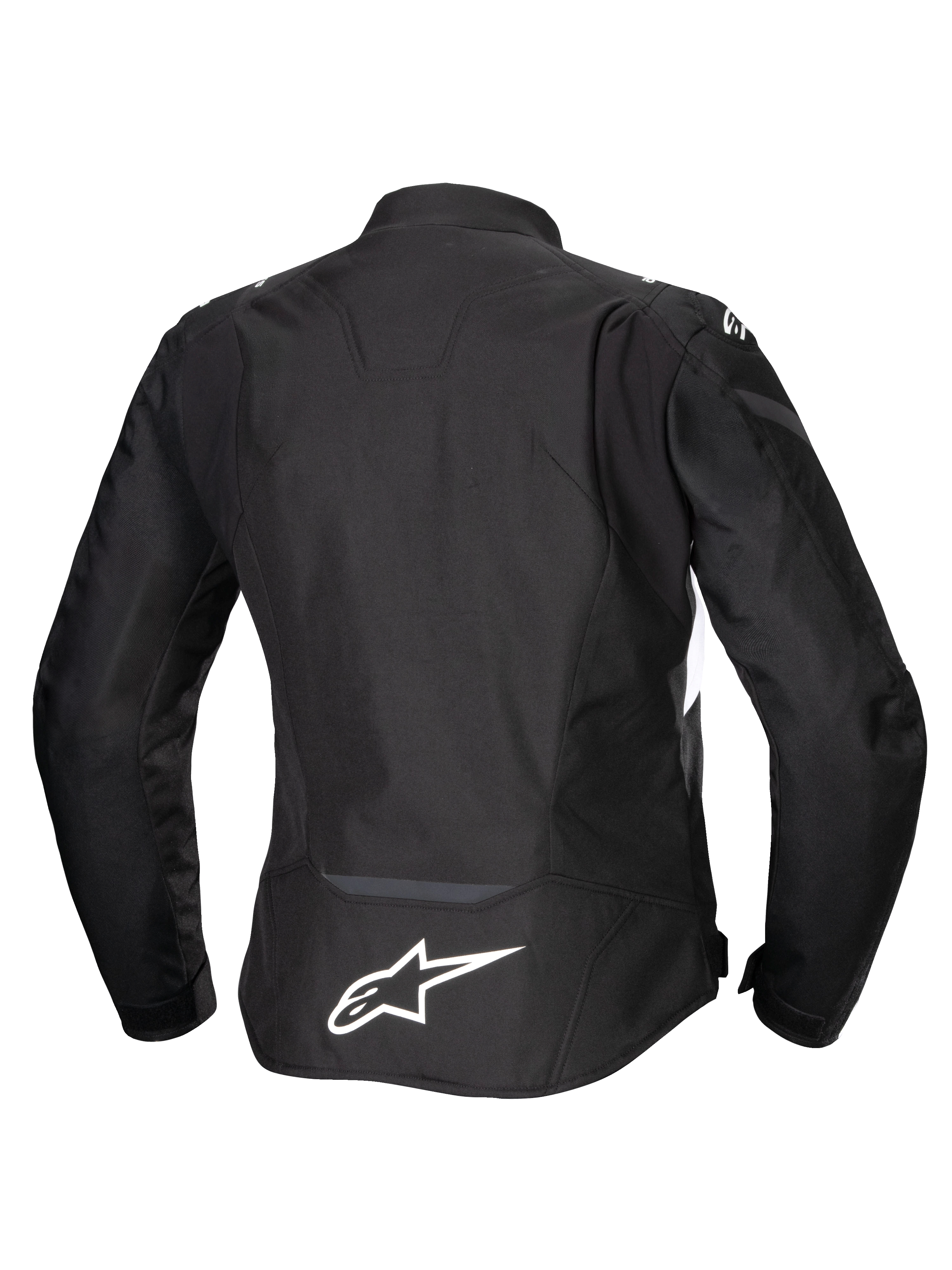 Alpinestars Stella T-Jaws V4 Waterproof Jas, dames motorjas, zwart met witte accenten, achteraanzicht met wit Alpinestars-logo op de onderrug, strak sportief textielontwerp