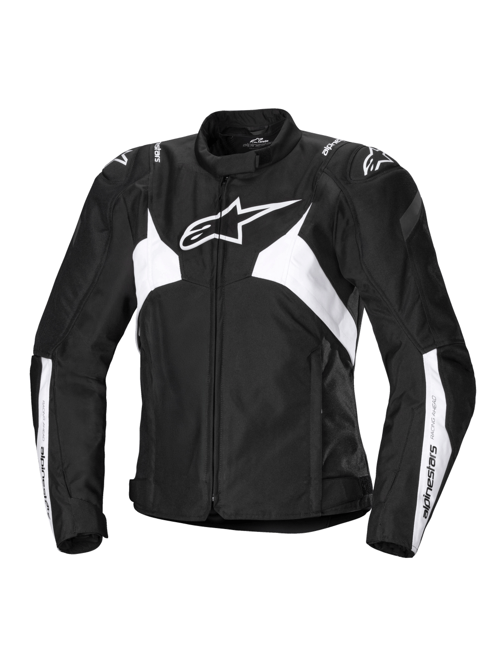 Alpinestars Stella T-Jaws V4 waterdichte jas, dames sportmotorjas, zwart en wit, met een opvallend wit sterlogo op de borst, hoekige witte panelen op de romp en mouwen, en GP Lite schouderverstevigingen in een getailleerd 3D-sport-silhouet.