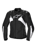 Alpinestars Stella T-Jaws V4 waterdichte jas, dames sportmotorjas, zwart en wit, met een opvallend wit sterlogo op de borst, hoekige witte panelen op de romp en mouwen, en GP Lite schouderverstevigingen in een getailleerd 3D-sport-silhouet.