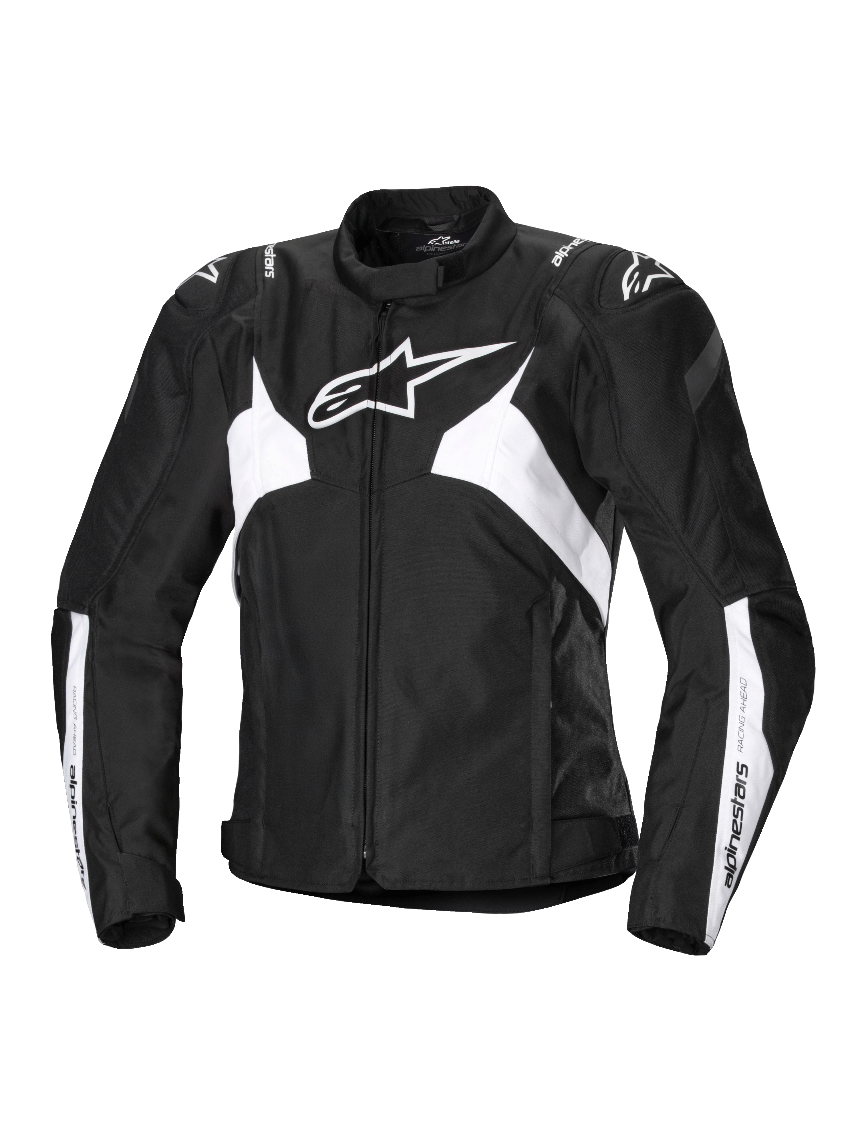 Alpinestars Stella T-Jaws V4 waterdichte jas, dames sportmotorjas, zwart en wit, met een opvallend wit sterlogo op de borst, hoekige witte panelen op de romp en mouwen, en GP Lite schouderverstevigingen in een getailleerd 3D-sport-silhouet.