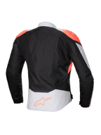 Alpinestars Stella T-Jaws V4 Waterproof Jacket, Women's Motorcycle Jacket, Black Ice Gray and Fluo Coral, back view featuring fluorescent coral shoulder accents and Alpinestars logo on the lower back, technical textile construction for all-weather riding.