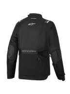 Alpinestars Woman Stella Andes V4 Drystar® Jacket, zwart, achteraanzicht, voorzien van een groot opbergvak aan de achterzijde, wit Alpinestars-logo op de bovenrug en tekstlogo op de onderrug, verstelbare taille- en armriemen, duurzame textiele adventure touring jas