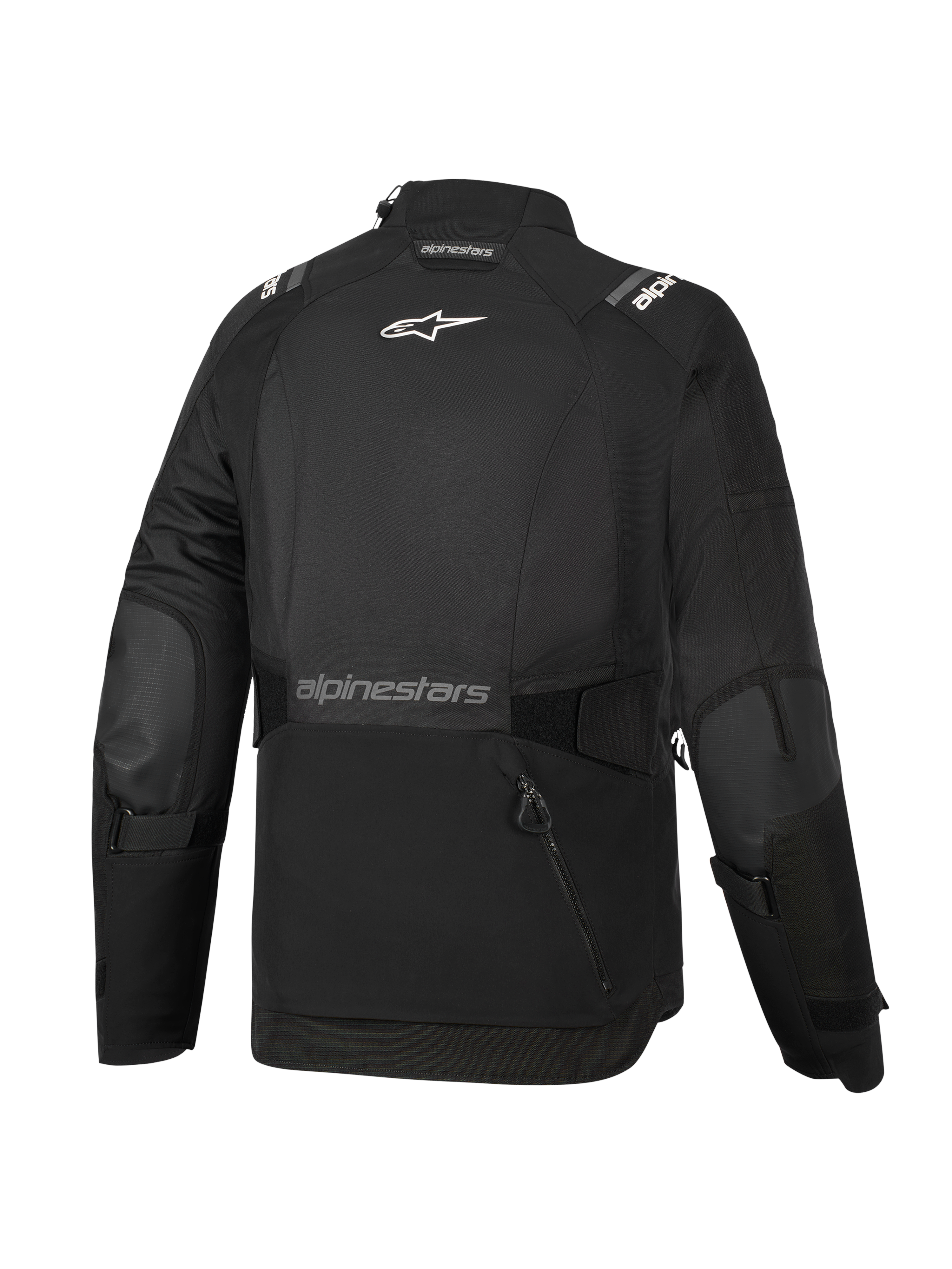 Alpinestars Woman Stella Andes V4 Drystar® Jacket, zwart, achteraanzicht, voorzien van een groot opbergvak aan de achterzijde, wit Alpinestars-logo op de bovenrug en tekstlogo op de onderrug, verstelbare taille- en armriemen, duurzame textiele adventure touring jas